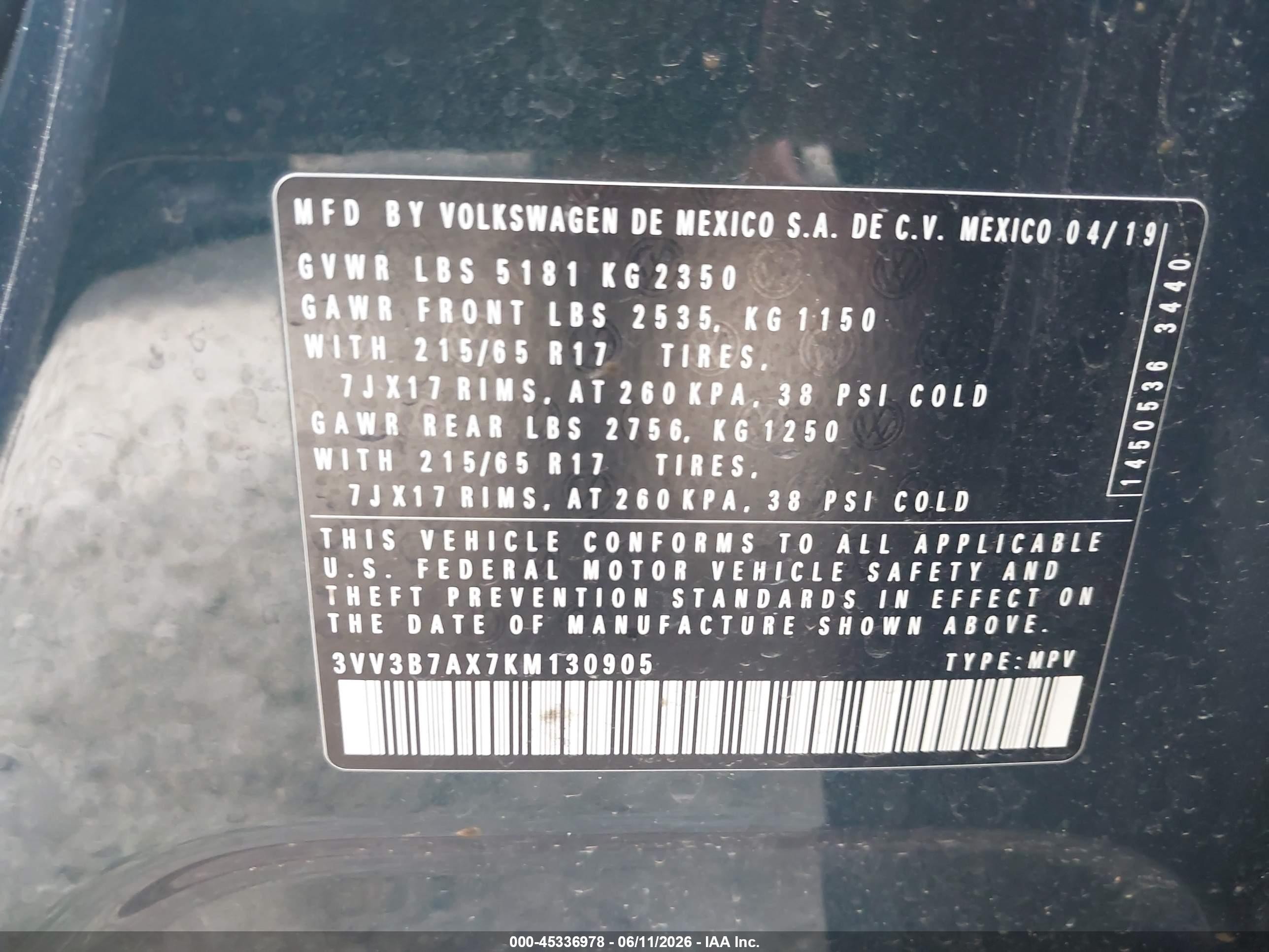 2019 Volkswagen Tiguan 2.0t Se/2.0t Sel/2.0t Sel R-line/2.0t Sel R-line Black Green vin: 3VV3B7AX7KM130905