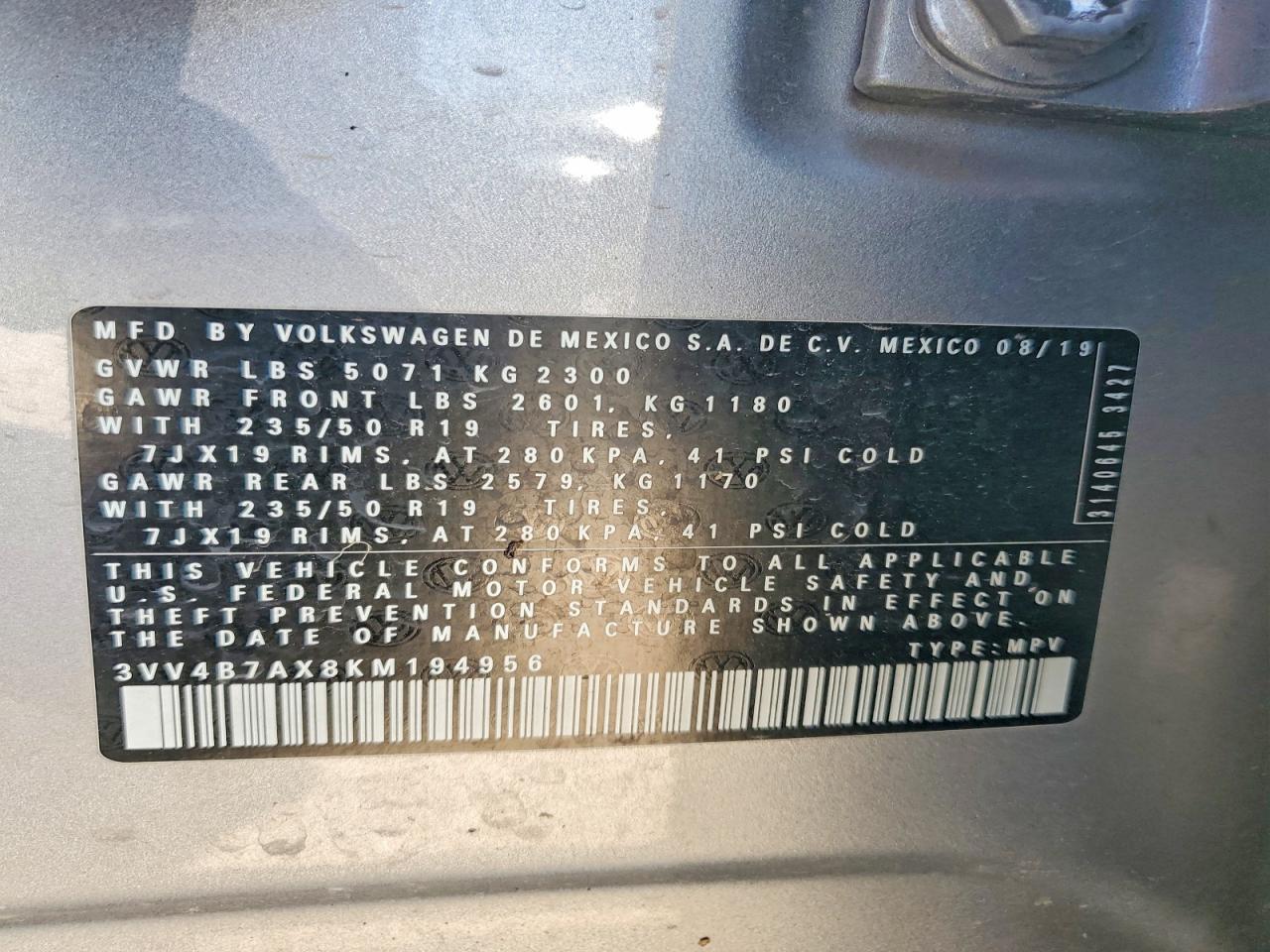 2019 Volkswagen Tiguan Sel Premium Silver vin: 3VV4B7AX8KM194956
