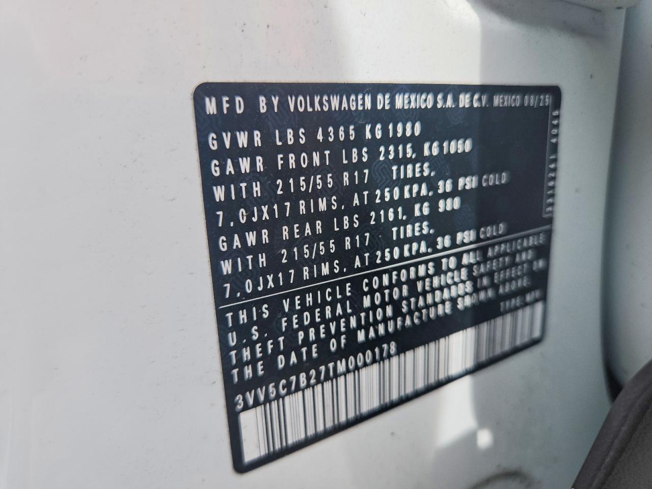 2026 Volkswagen Taos S White vin: 3VV5C7B27TM000178