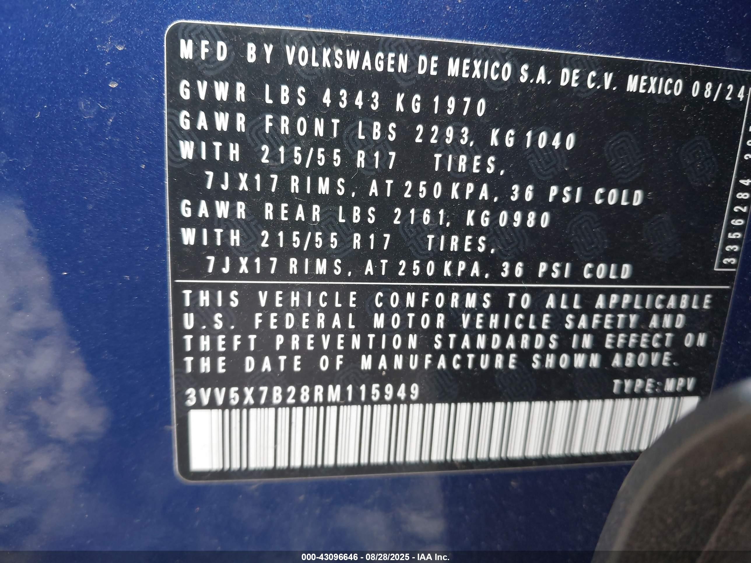 2024 Volkswagen Taos 1.5t S Синий vin: 3VV5X7B28RM115949