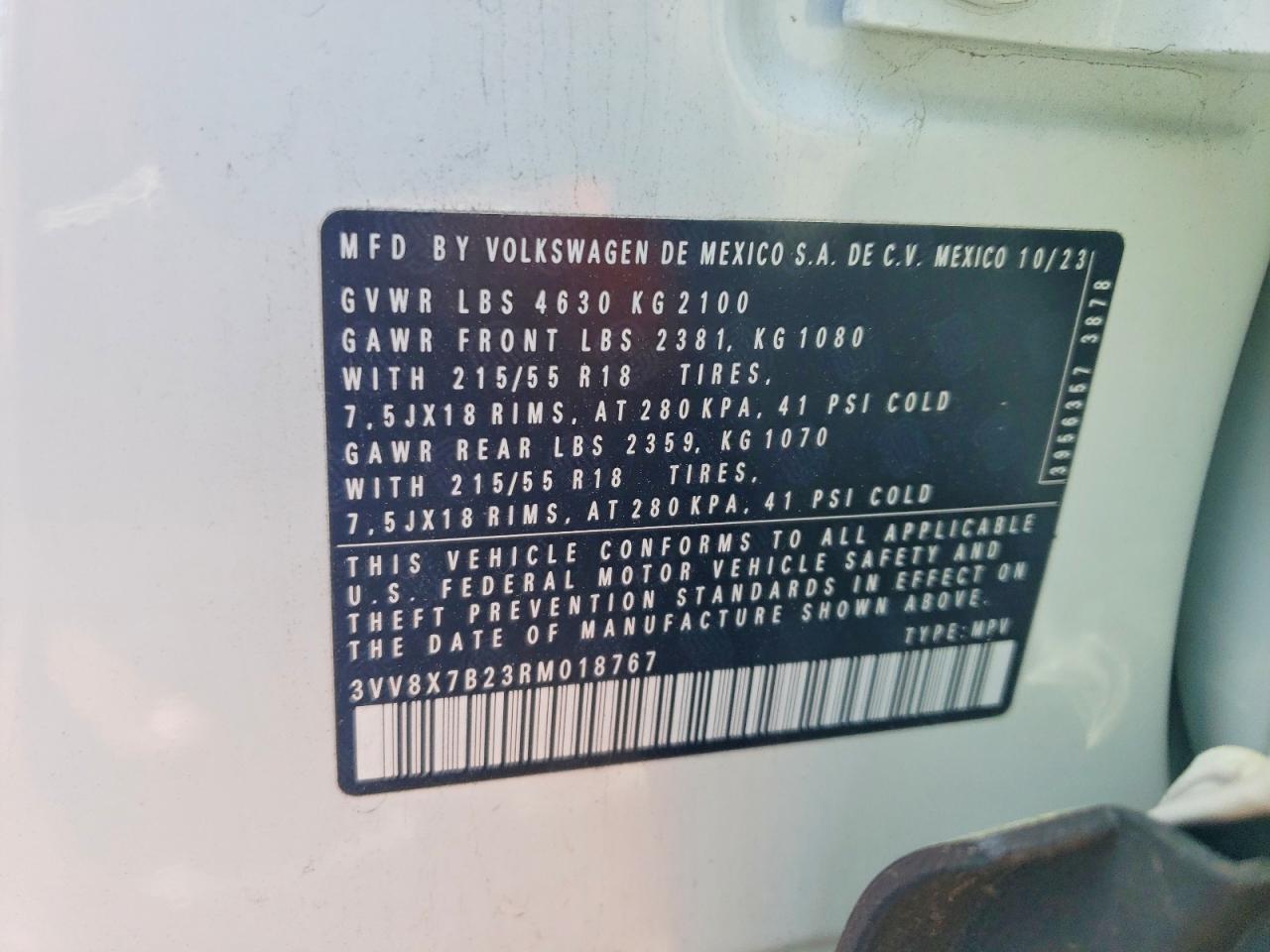 2024 Volkswagen Taos S White vin: 3VV8X7B23RM018767