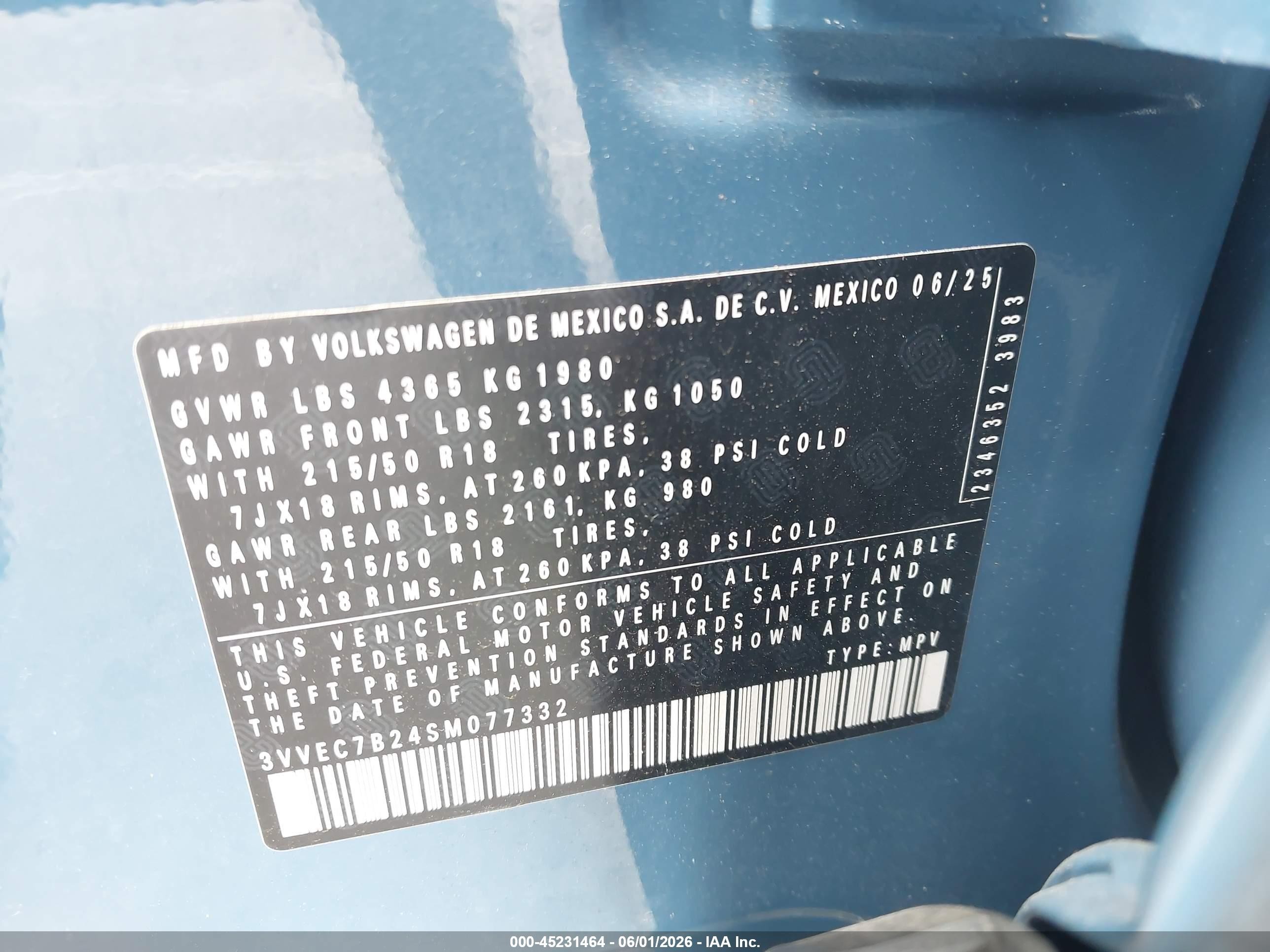 2025 Volkswagen Taos 1.5t Se Light Blue vin: 3VVEC7B24SM077332