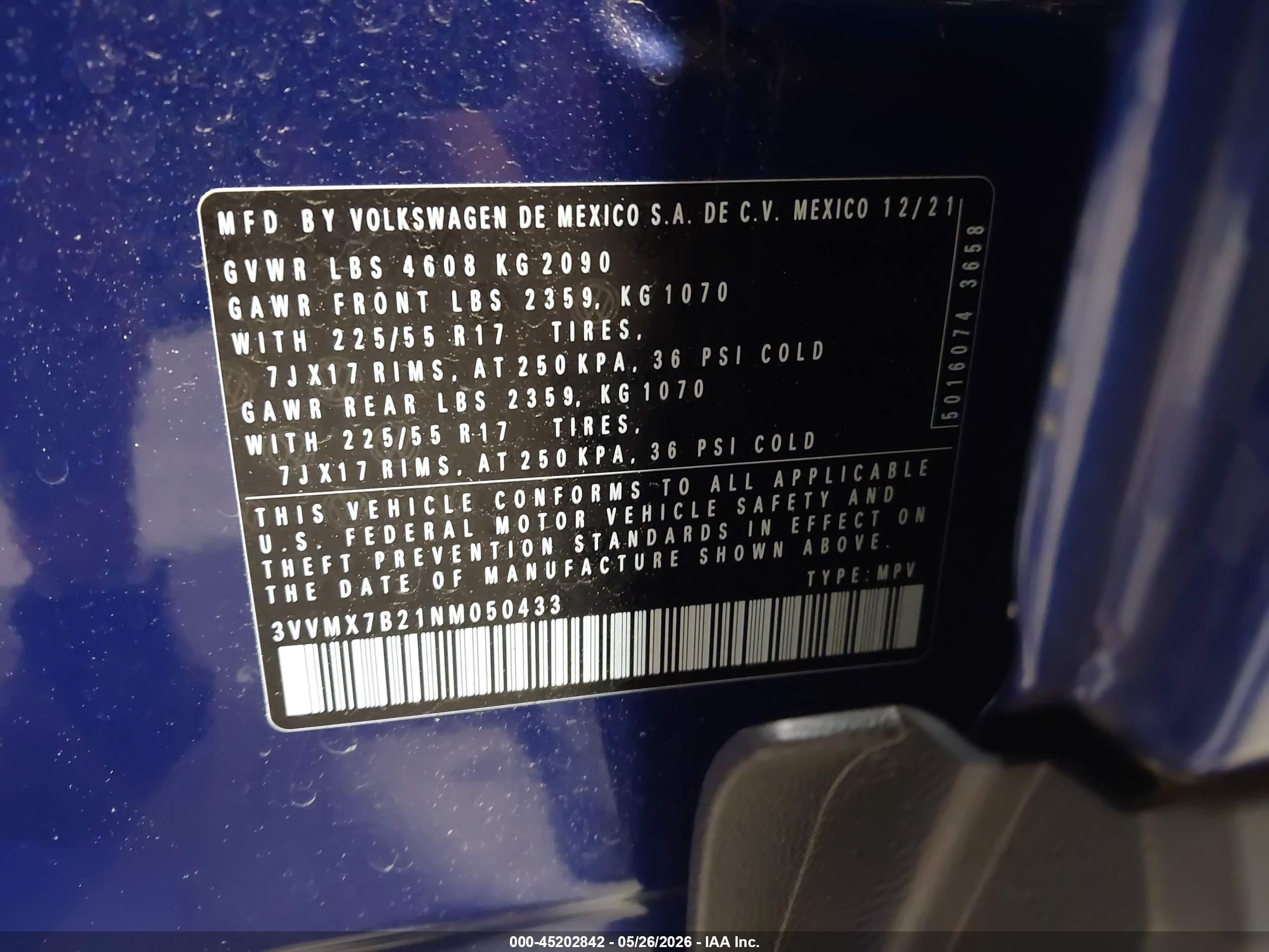 2022 Volkswagen Taos 1.5t S Blue vin: 3VVMX7B21NM050433