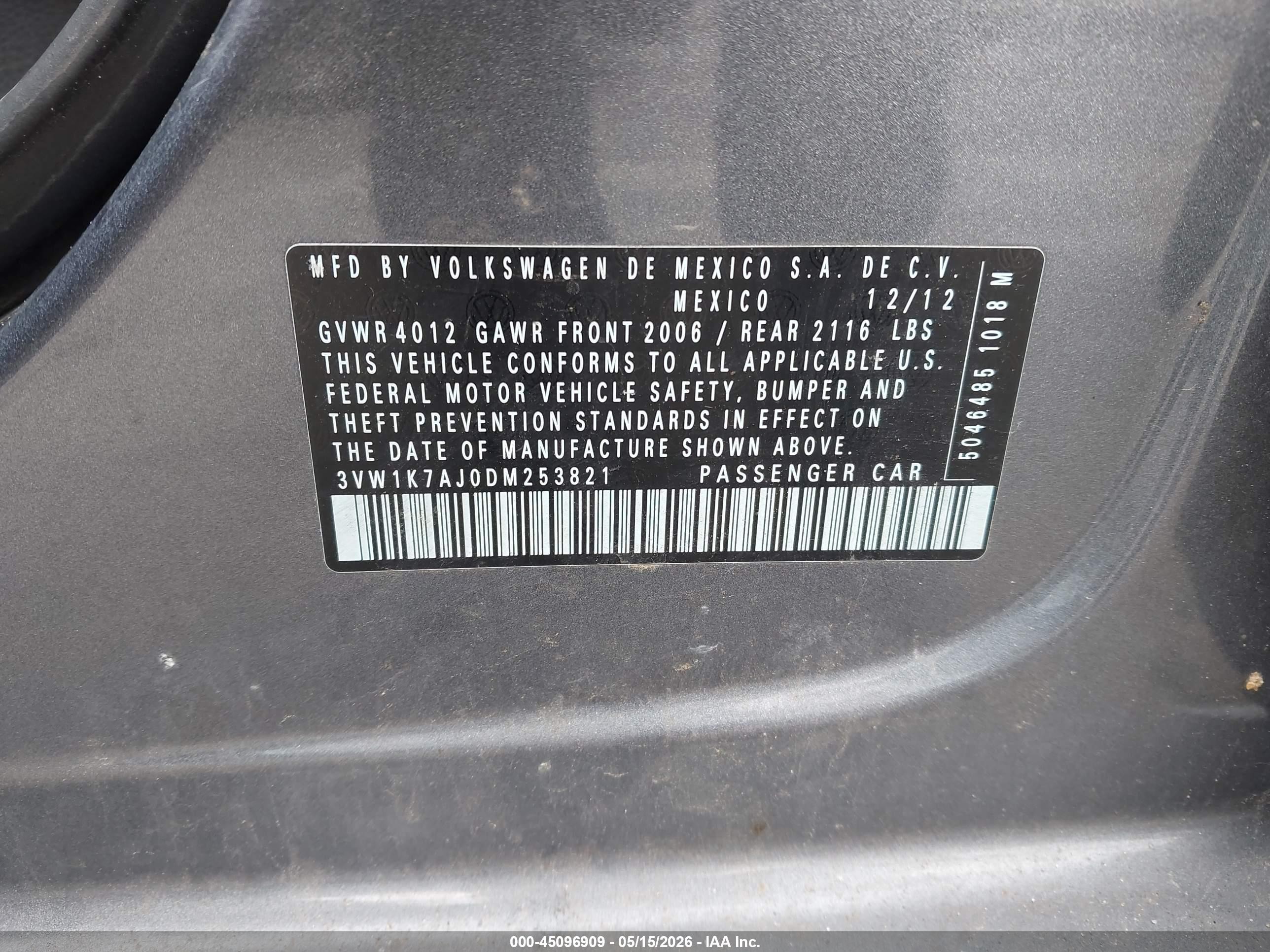 2013 Volkswagen Jetta 2.0l S Серый vin: 3VW1K7AJ0DM253821