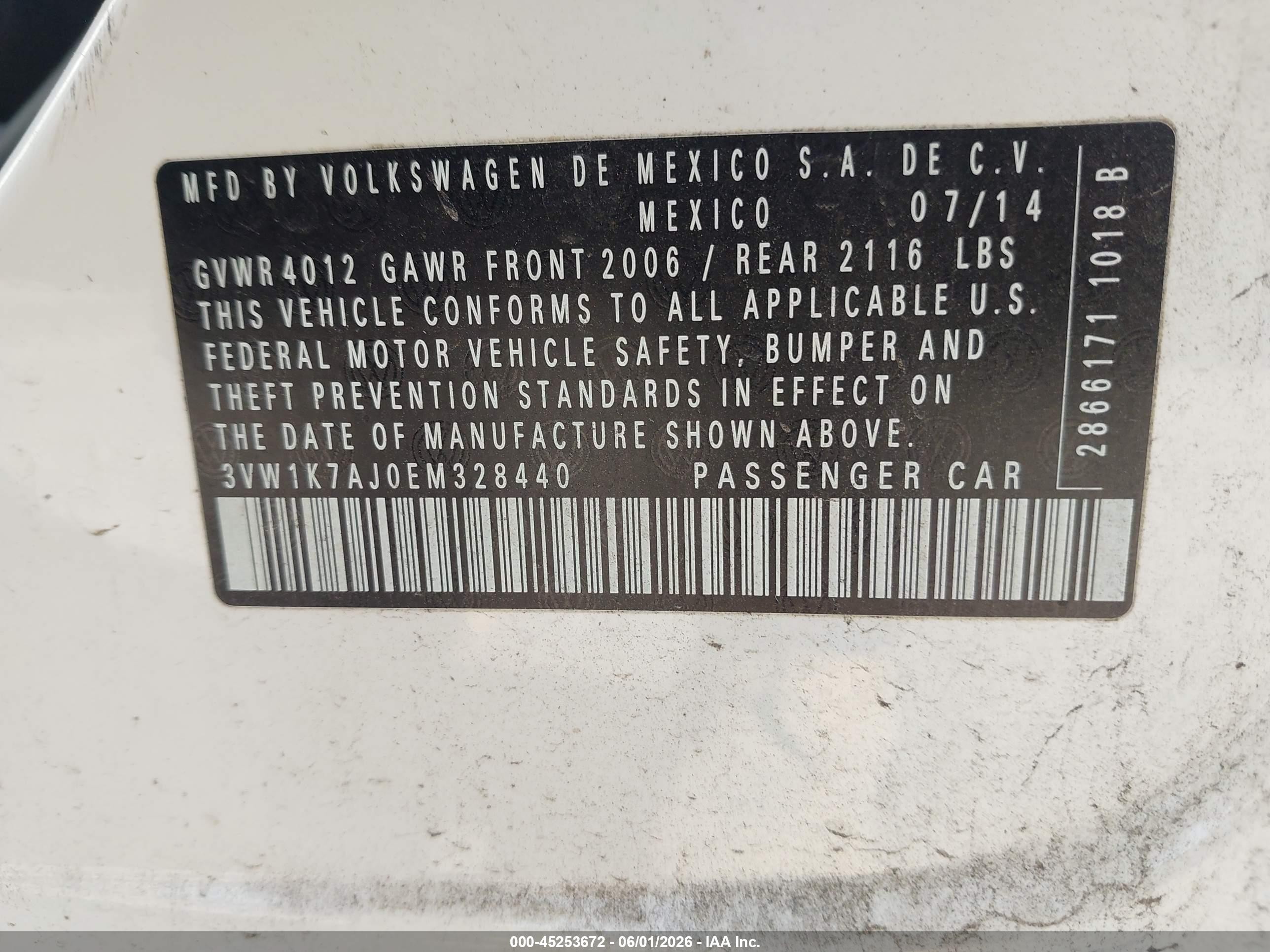 2014 Volkswagen Jetta 2.0l S White vin: 3VW1K7AJ0EM328440