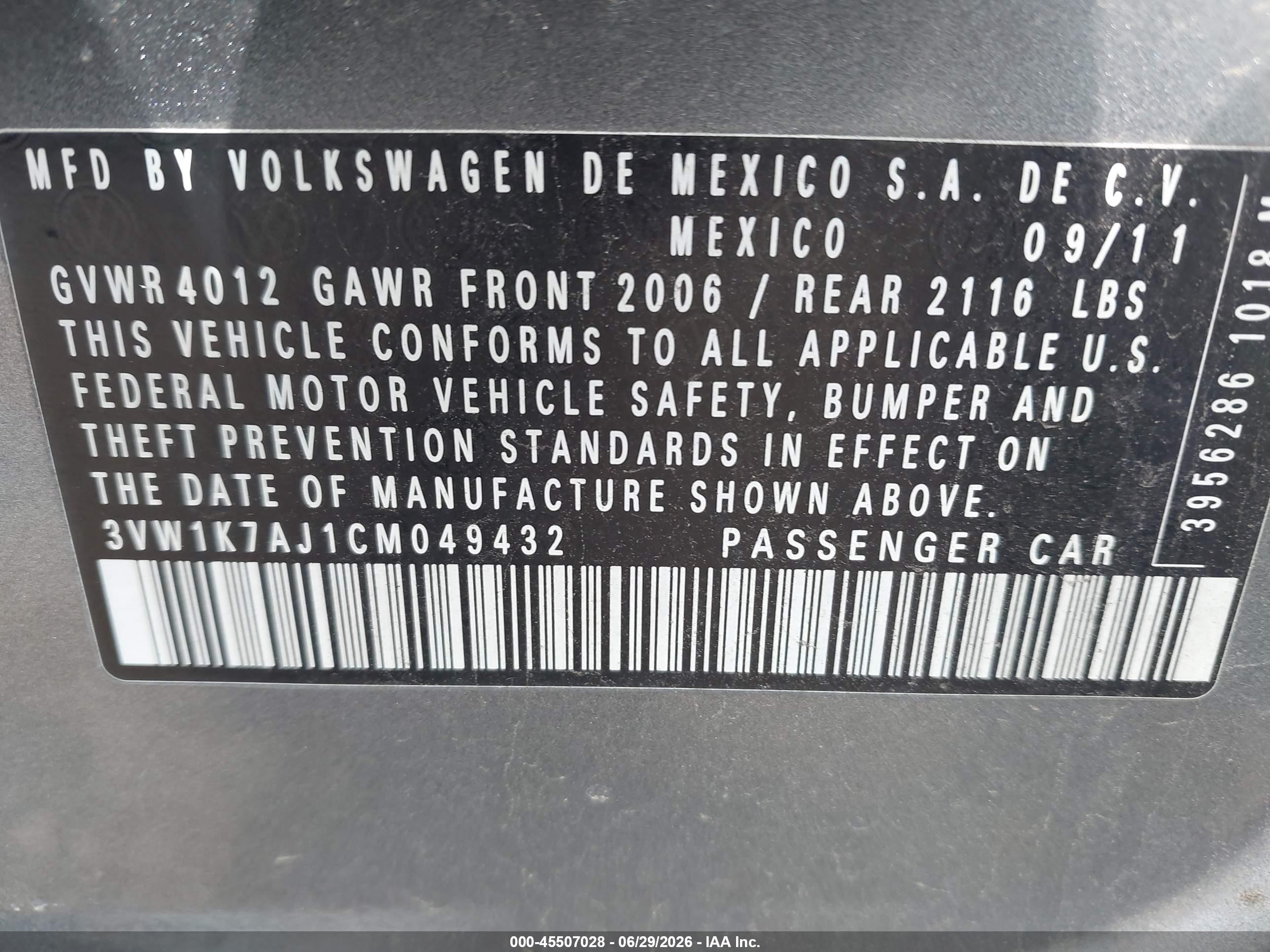 2012 Volkswagen Jetta 2.0l S Серый vin: 3VW1K7AJ1CM049432