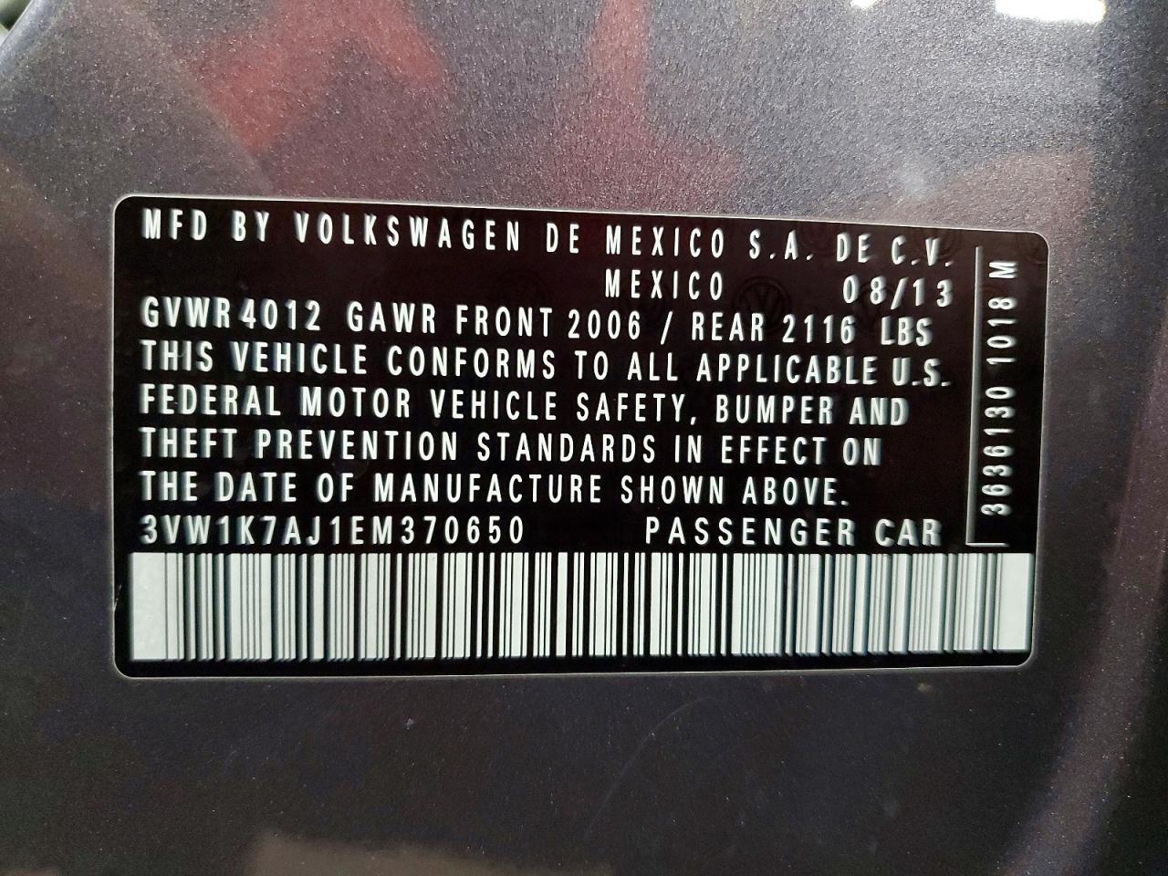 2014 Volkswagen Jetta Base Gray vin: 3VW1K7AJ1EM370650