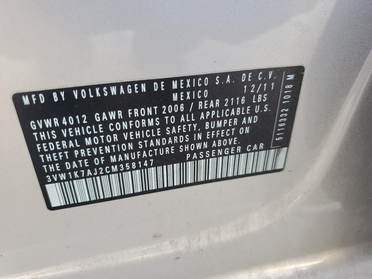 2012 Volkswagen Jetta Base Silver vin: 3VW1K7AJ2CM358147