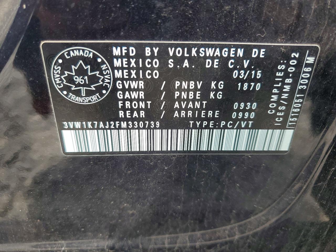 2015 Volkswagen Jetta Base Черный vin: 3VW1K7AJ2FM330739