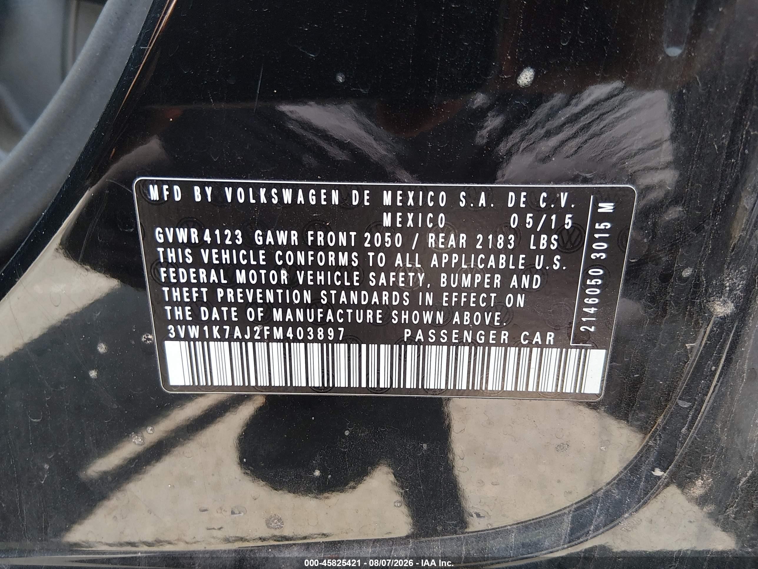 2015 Volkswagen Jetta 2.0l S Black vin: 3VW1K7AJ2FM403897