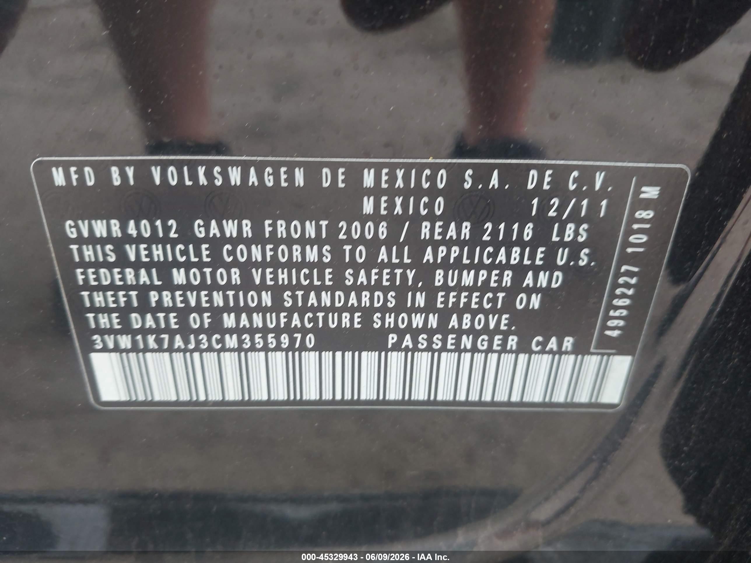 2012 Volkswagen Jetta 2.0l S Черный vin: 3VW1K7AJ3CM355970