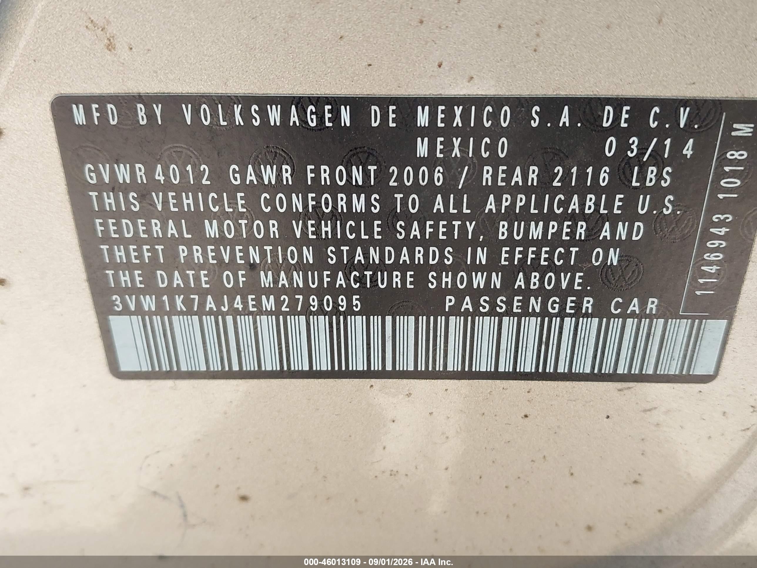2014 Volkswagen Jetta 2.0l S Бежевый vin: 3VW1K7AJ4EM279095