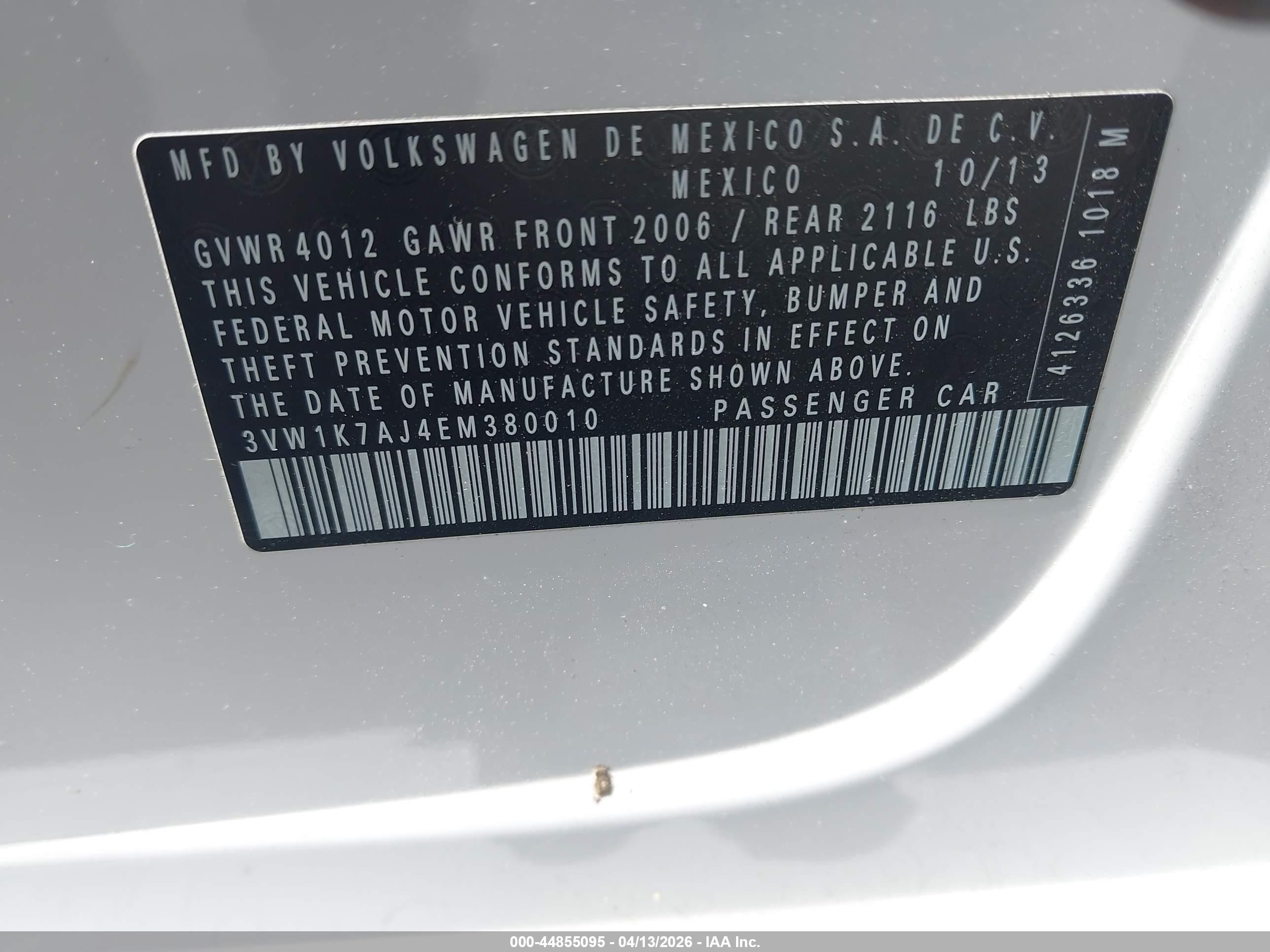 2014 Volkswagen Jetta 2.0l S White vin: 3VW1K7AJ4EM380010