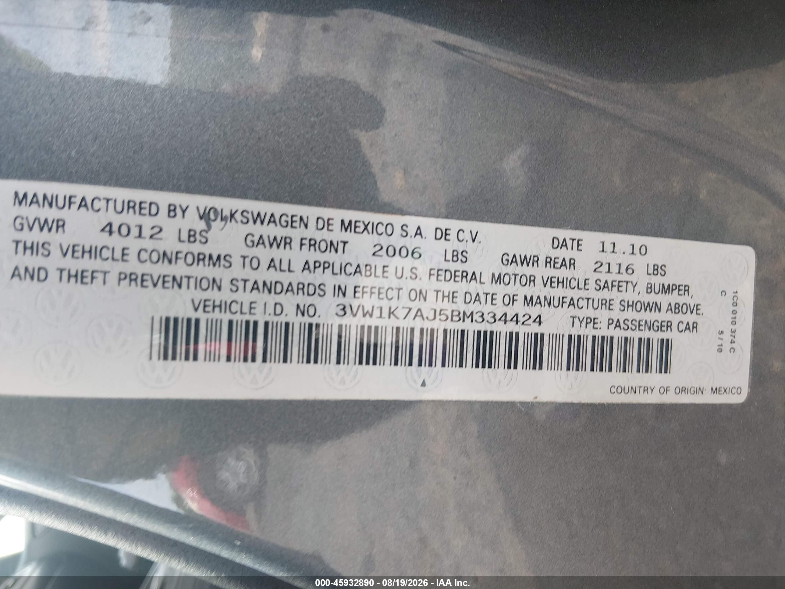 2011 Volkswagen Jetta 2.0l S Gray vin: 3VW1K7AJ5BM334424