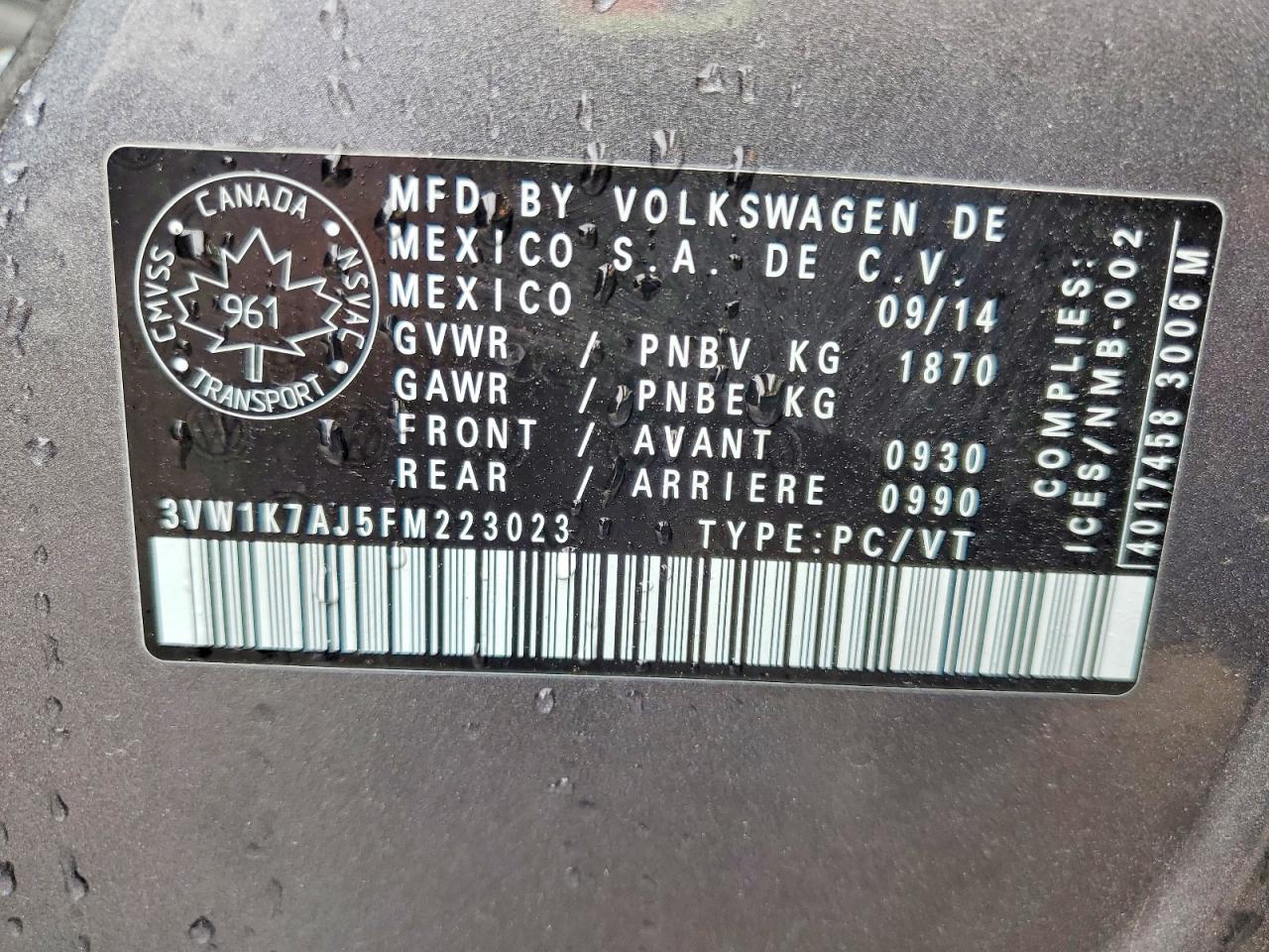 2015 Volkswagen Jetta Base Charcoal vin: 3VW1K7AJ5FM223023