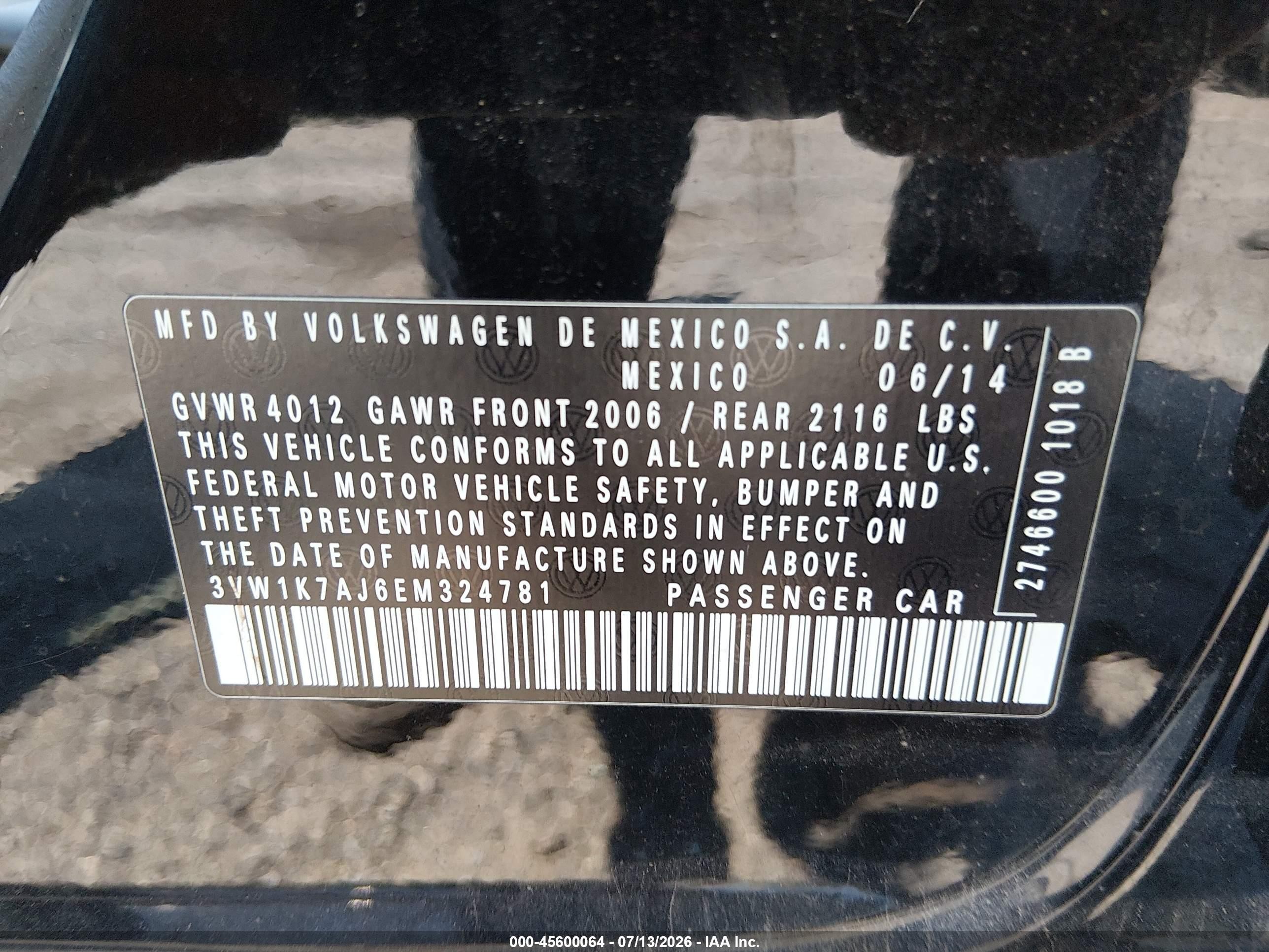 2014 Volkswagen Jetta 2.0l S Черный vin: 3VW1K7AJ6EM324781