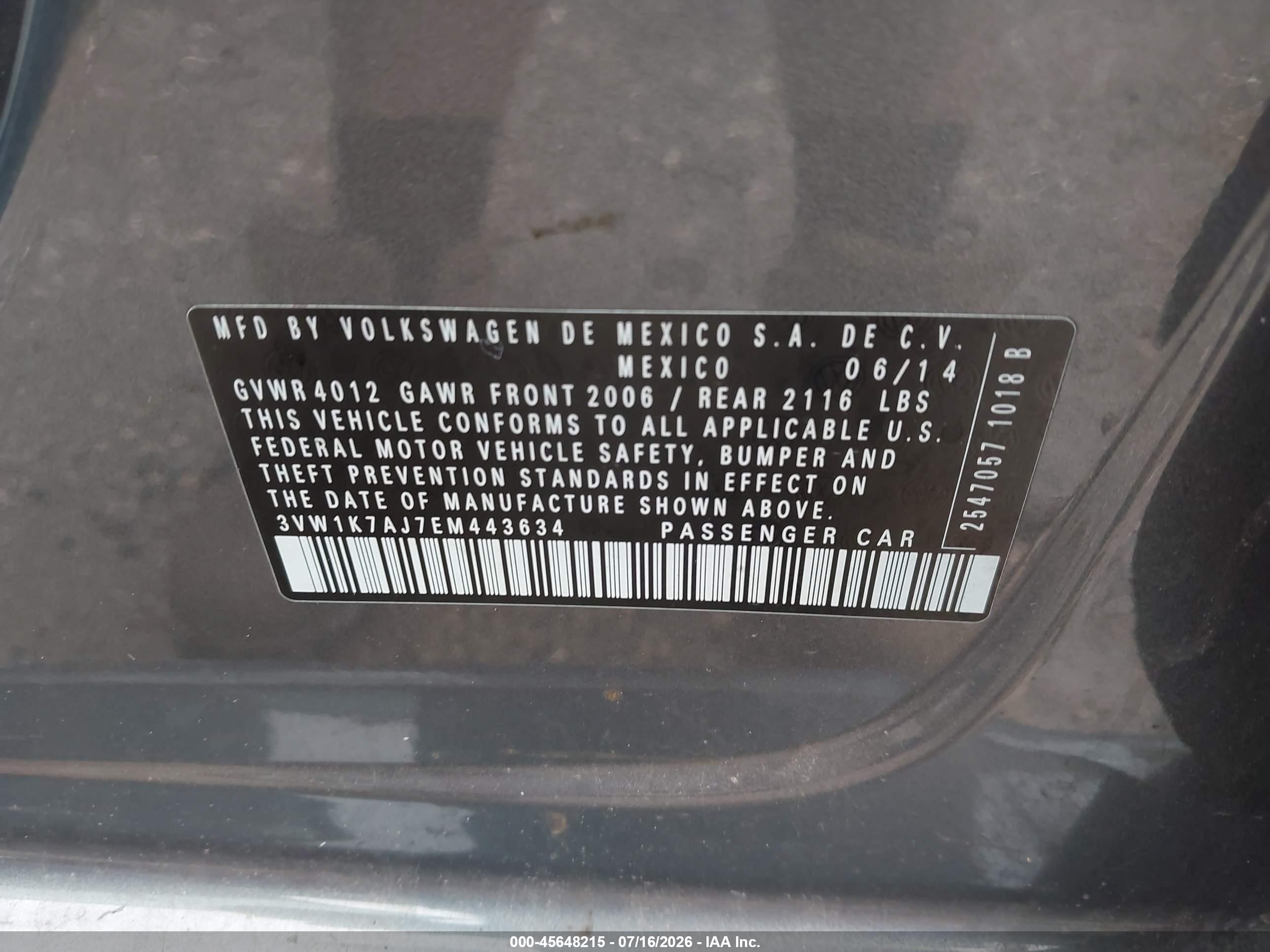 2014 Volkswagen Jetta 2.0l S Gray vin: 3VW1K7AJ7EM443634