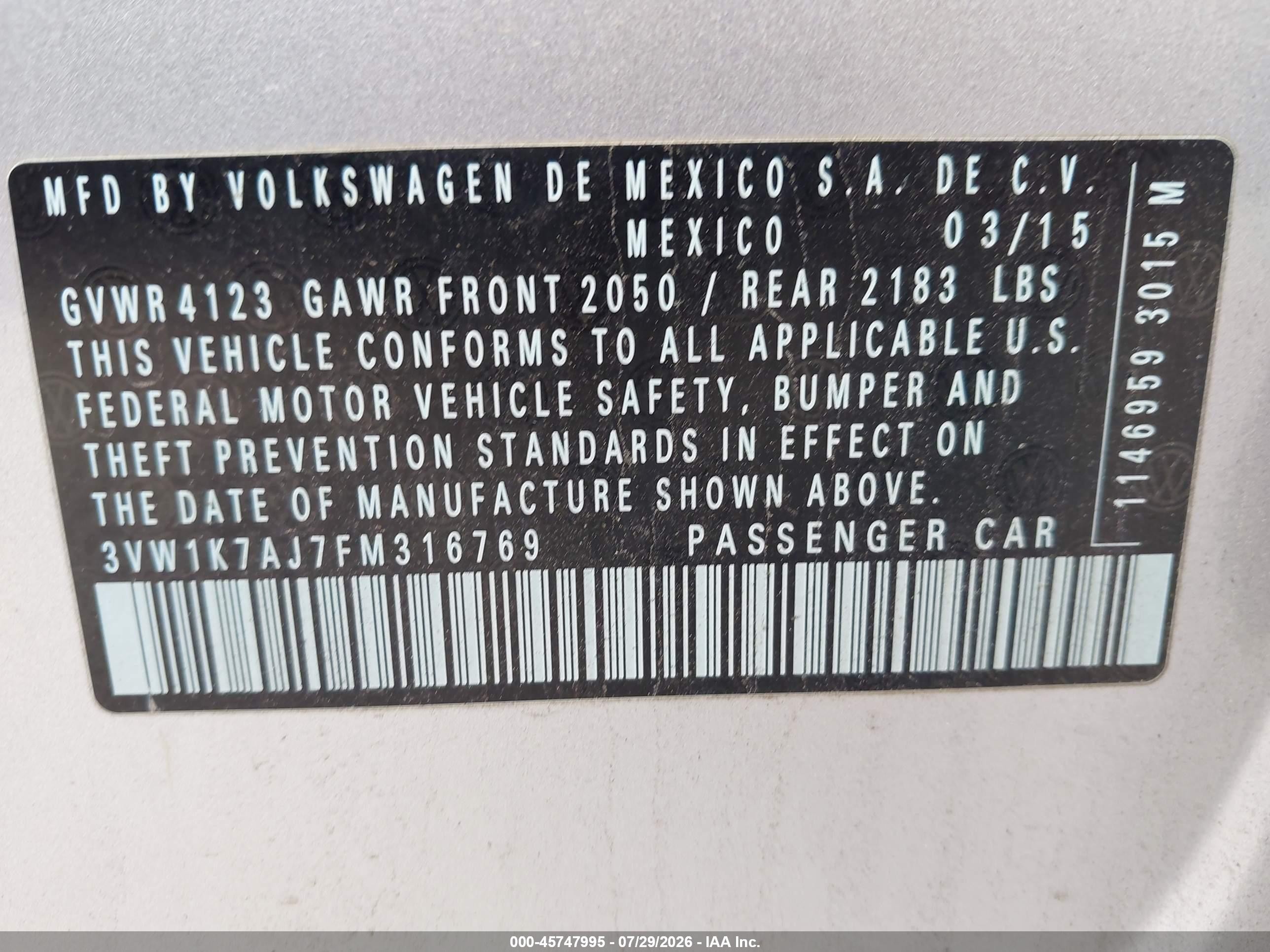 2015 Volkswagen Jetta 2.0l S Серебряный vin: 3VW1K7AJ7FM316769