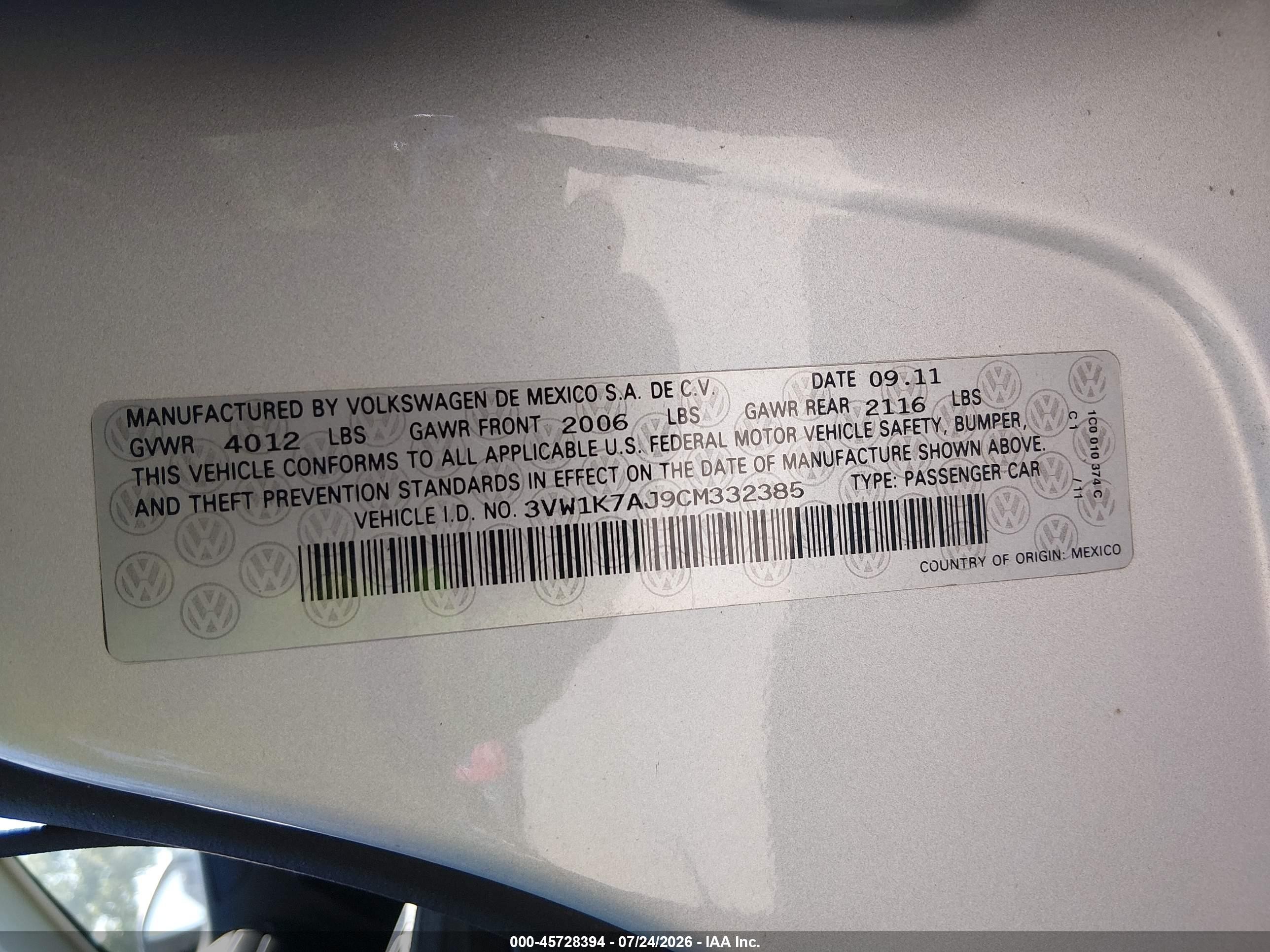 2012 Volkswagen Jetta 2.0l S Silver vin: 3VW1K7AJ9CM332385