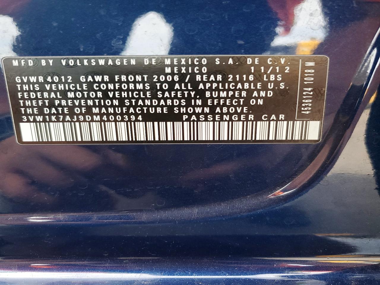 2013 Volkswagen Jetta Base Blue vin: 3VW1K7AJ9DM400394
