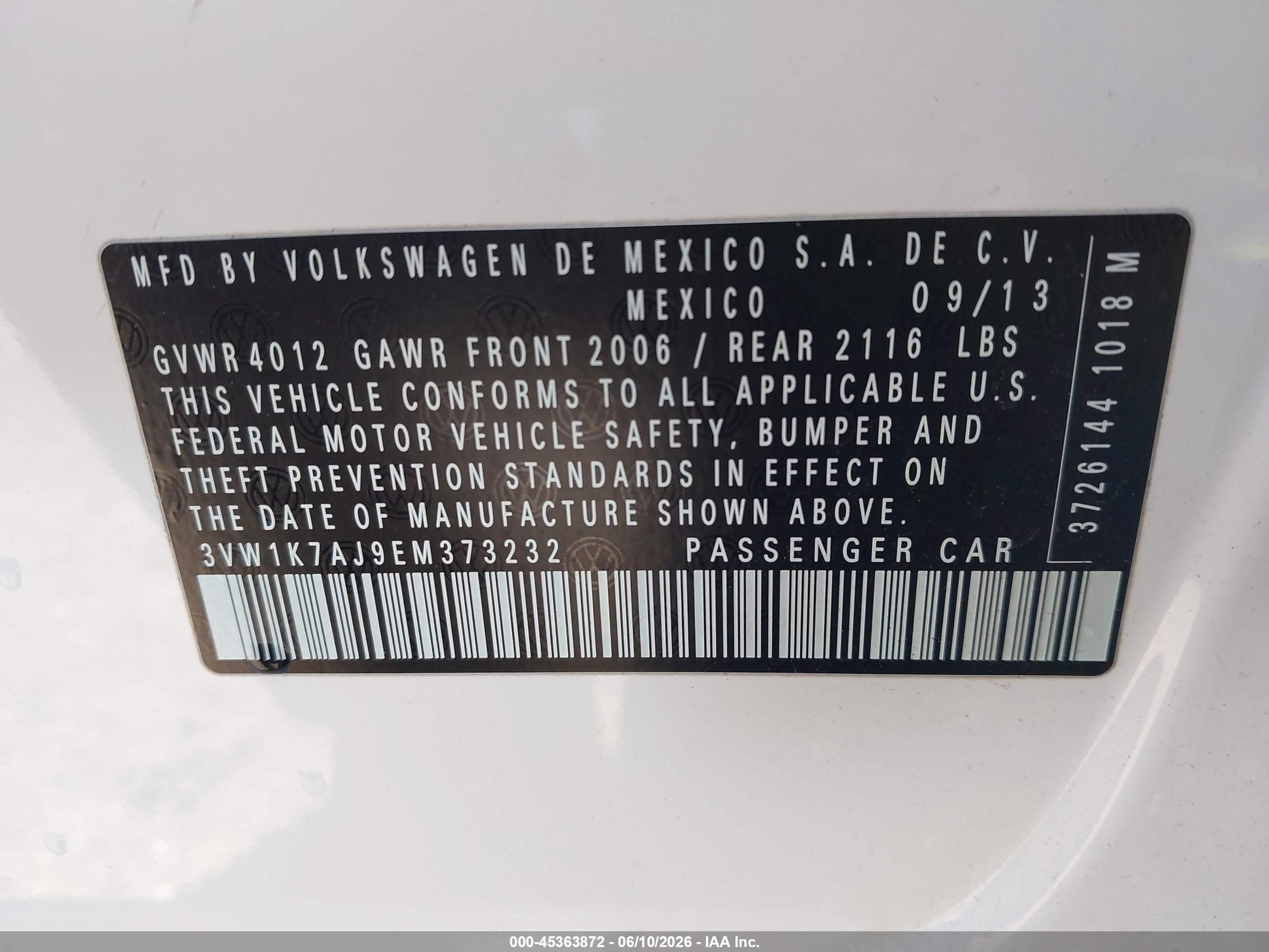 2014 Volkswagen Jetta 2.0l S White vin: 3VW1K7AJ9EM373232