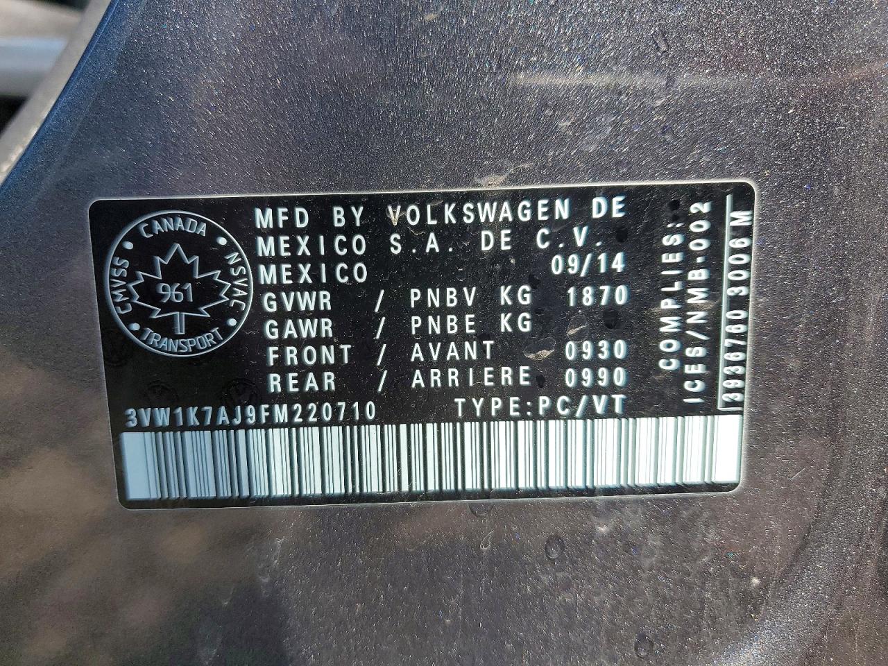 2015 Volkswagen Jetta Base Серый vin: 3VW1K7AJ9FM220710