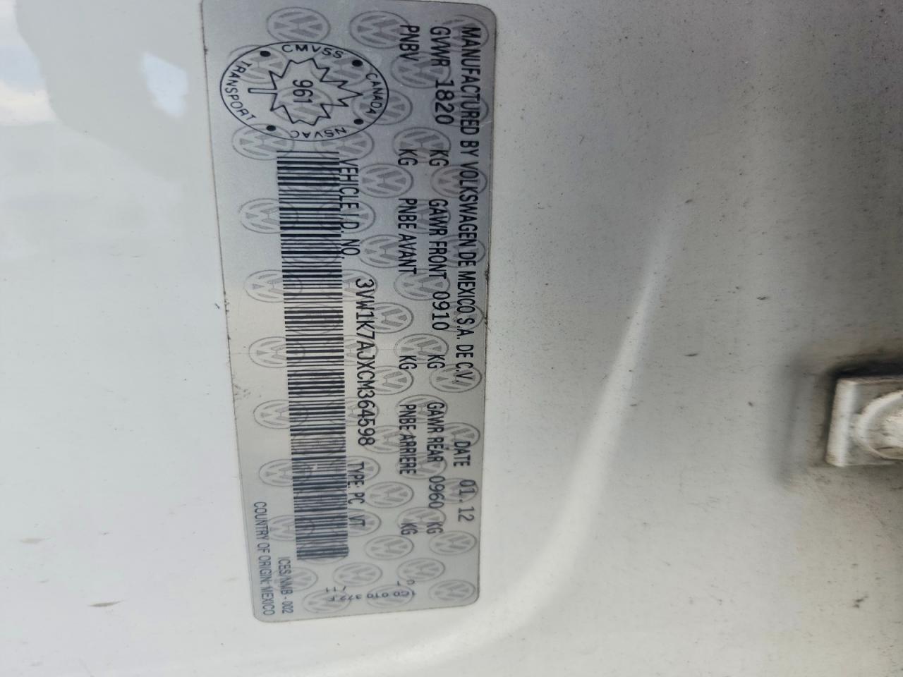 2012 Volkswagen Jetta Base White vin: 3VW1K7AJXCM364598