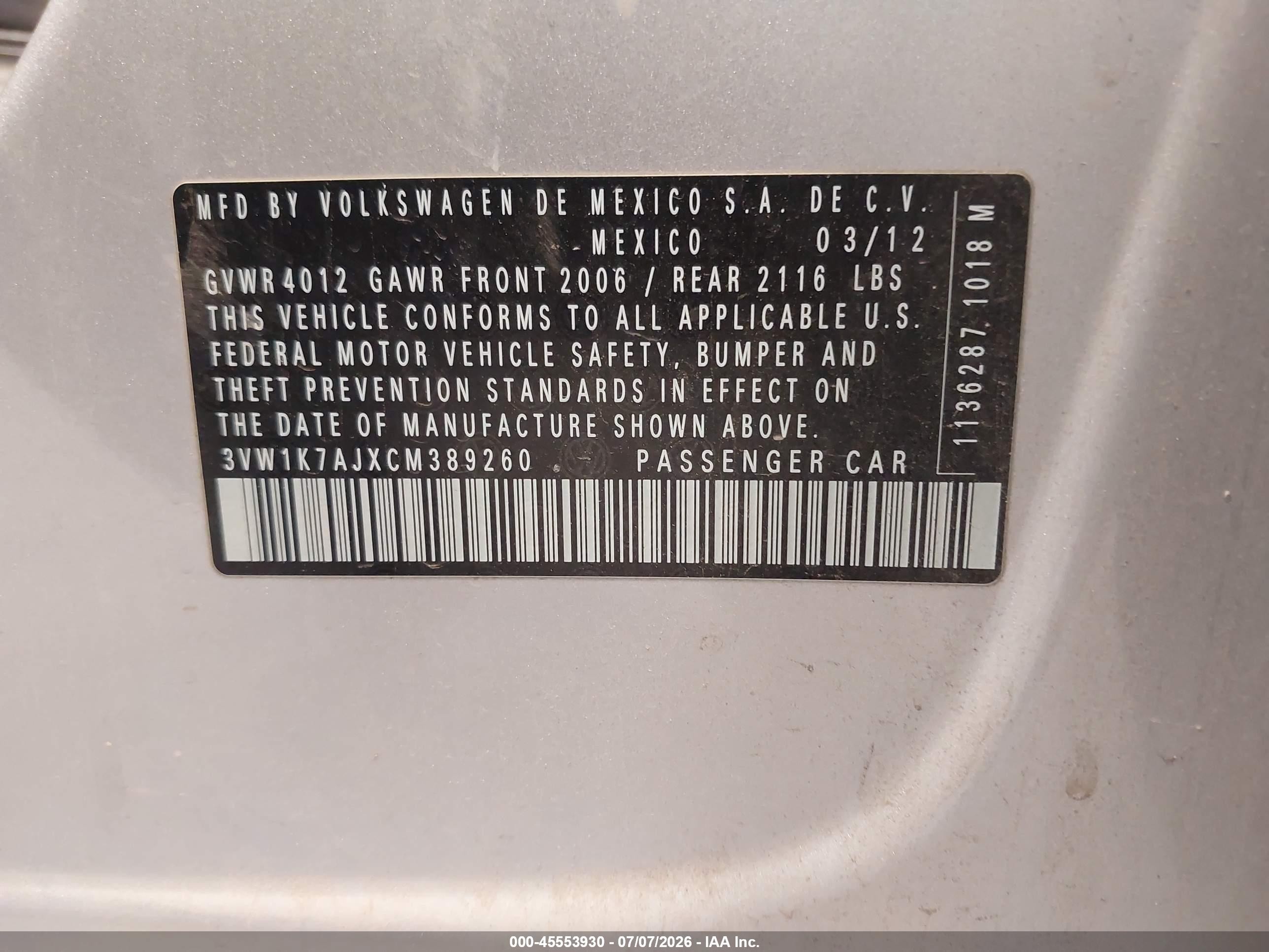 2012 Volkswagen Jetta 2.0l S Silver vin: 3VW1K7AJXCM389260