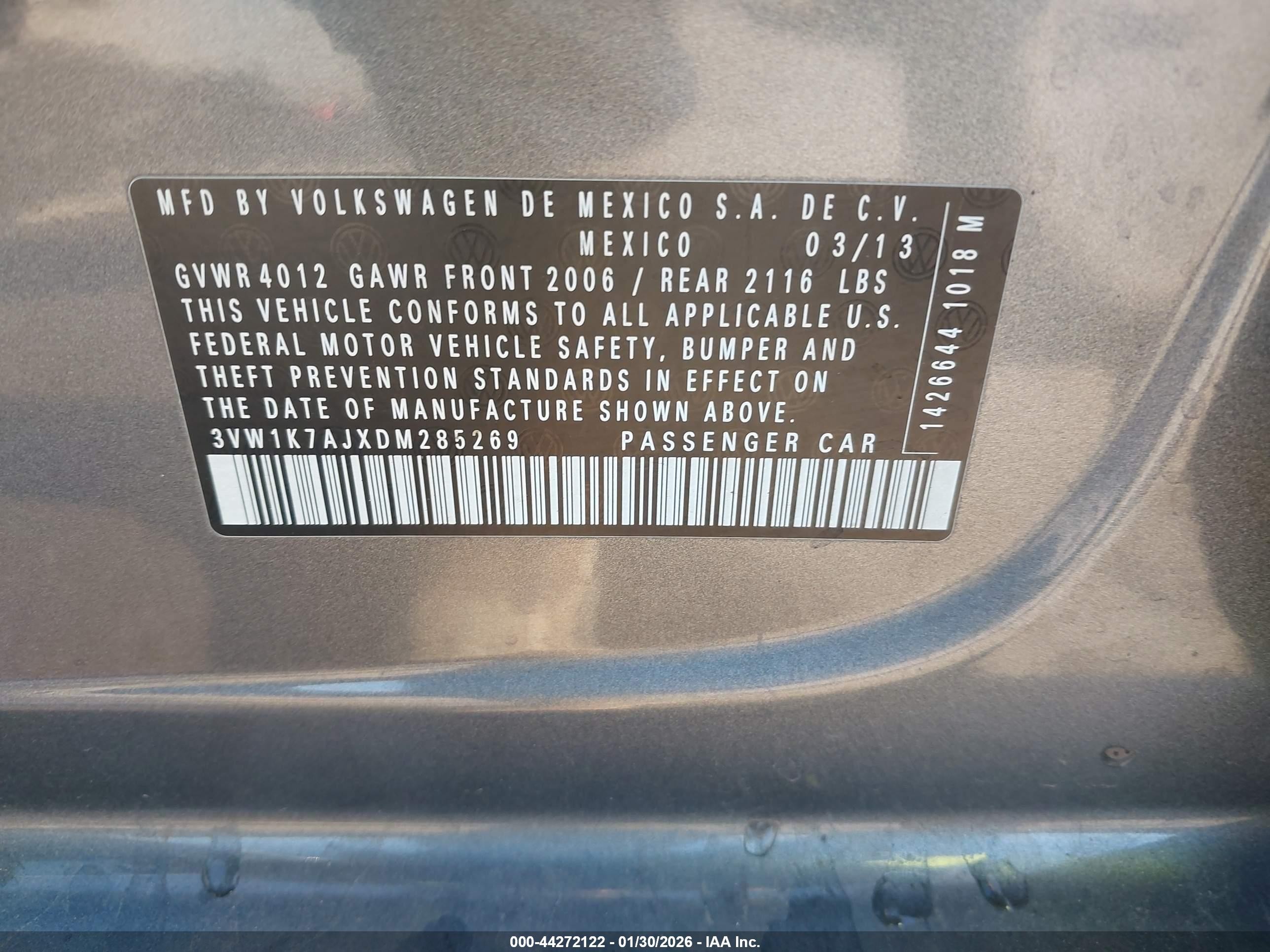 2013 Volkswagen Jetta 2.0l S Gray vin: 3VW1K7AJXDM285269