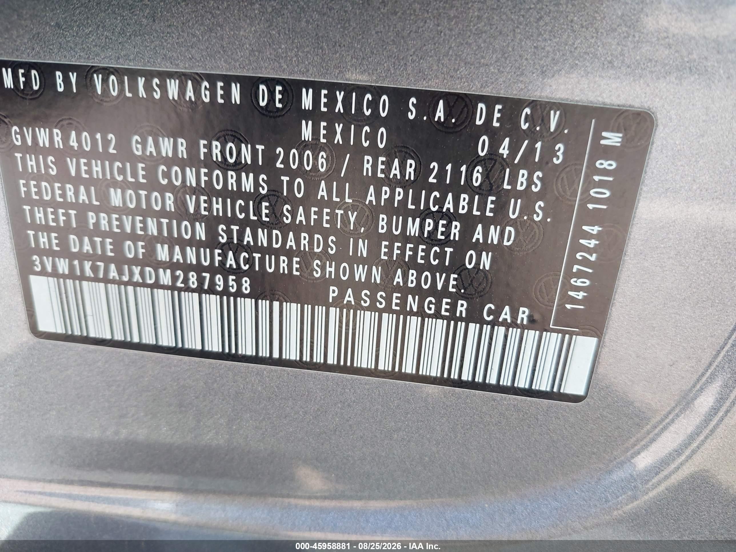 2013 Volkswagen Jetta 2.0l S Gray vin: 3VW1K7AJXDM287958