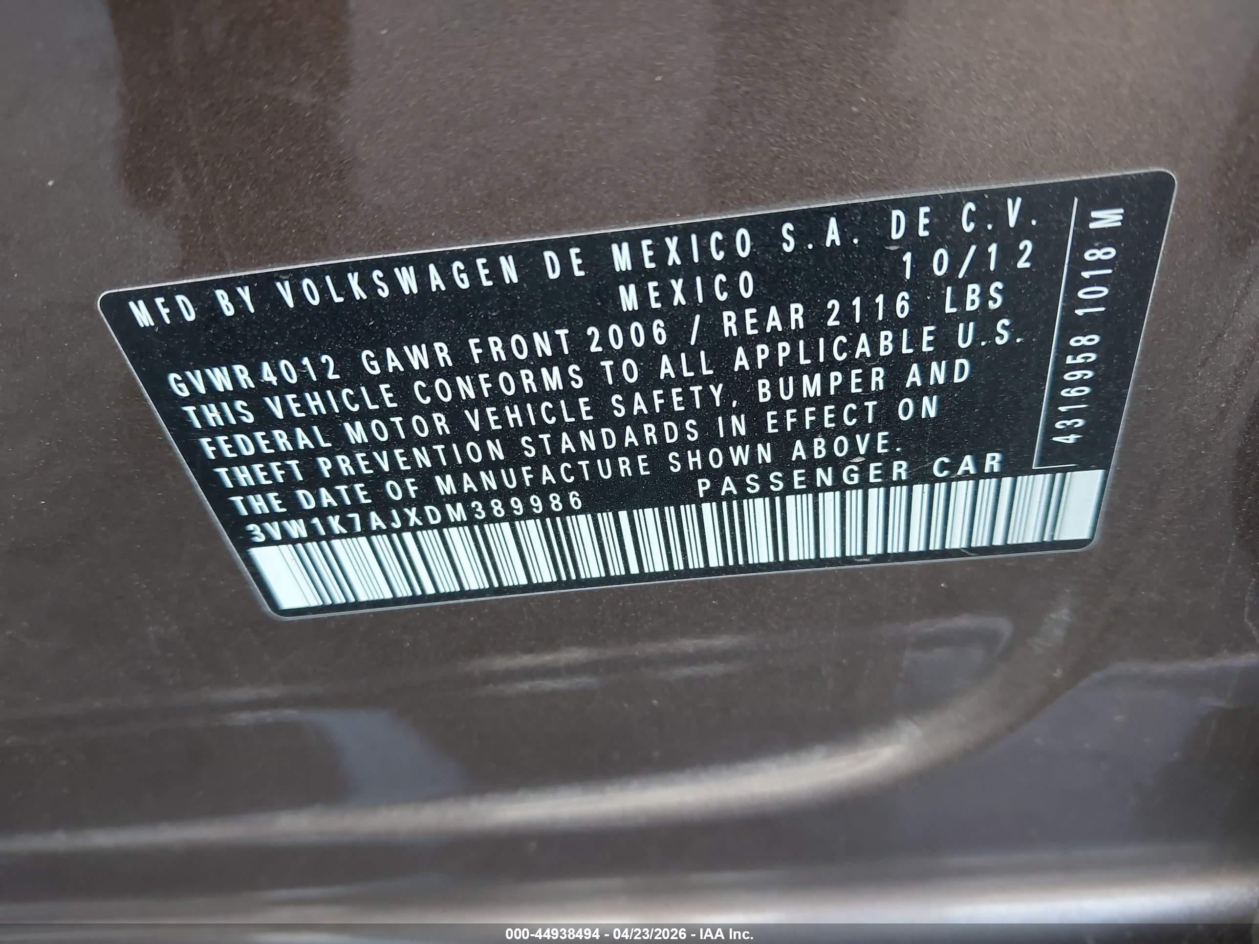 2013 Volkswagen Jetta 2.0l S Brown vin: 3VW1K7AJXDM389986