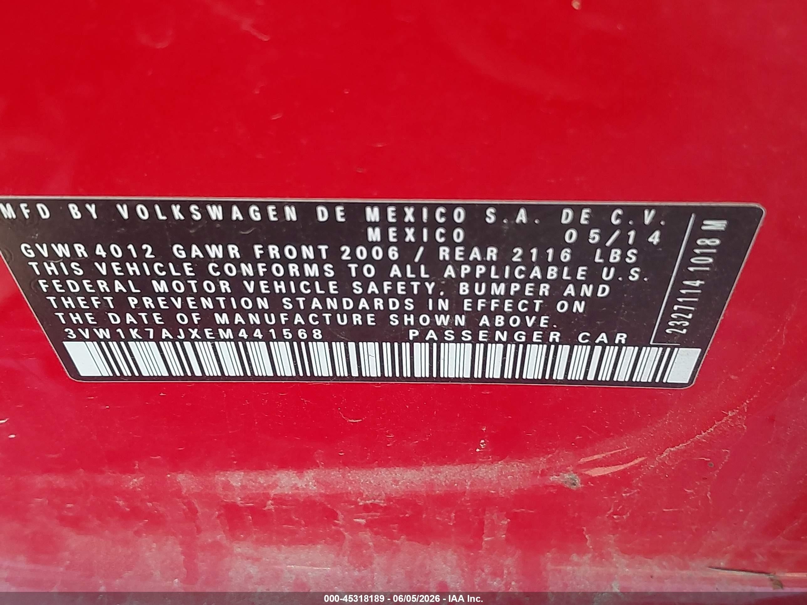 2014 Volkswagen Jetta 2.0l S Red vin: 3VW1K7AJXEM441568
