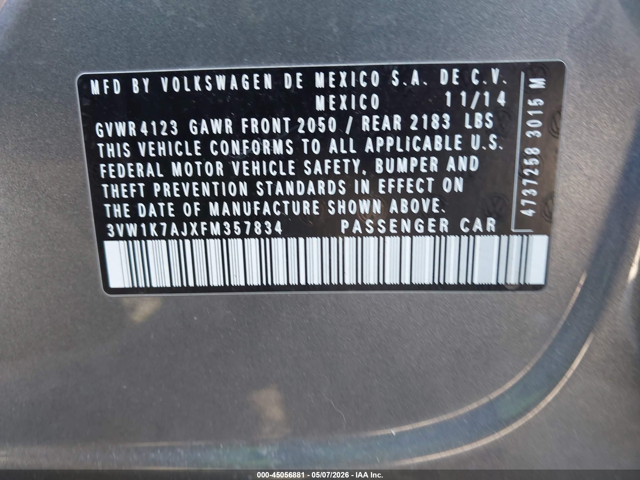 2015 Volkswagen Jetta 2.0l S Gray vin: 3VW1K7AJXFM357834