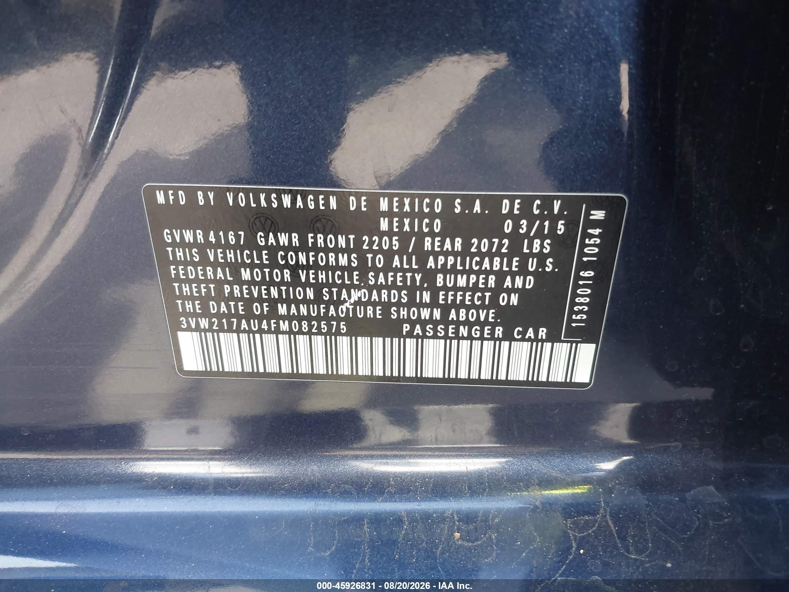 2015 Volkswagen Golf Tsi S 4-door Dark Blue vin: 3VW217AU4FM082575