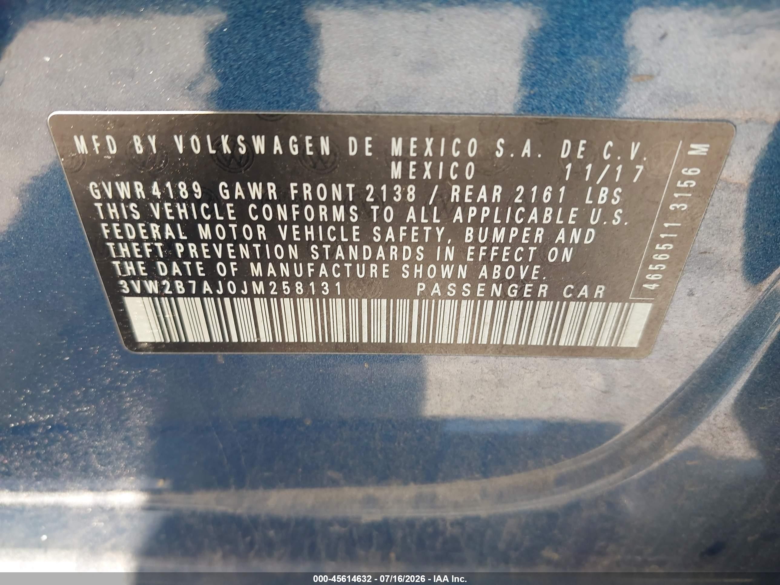 2018 Volkswagen Jetta 1.4t S Blue vin: 3VW2B7AJ0JM258131