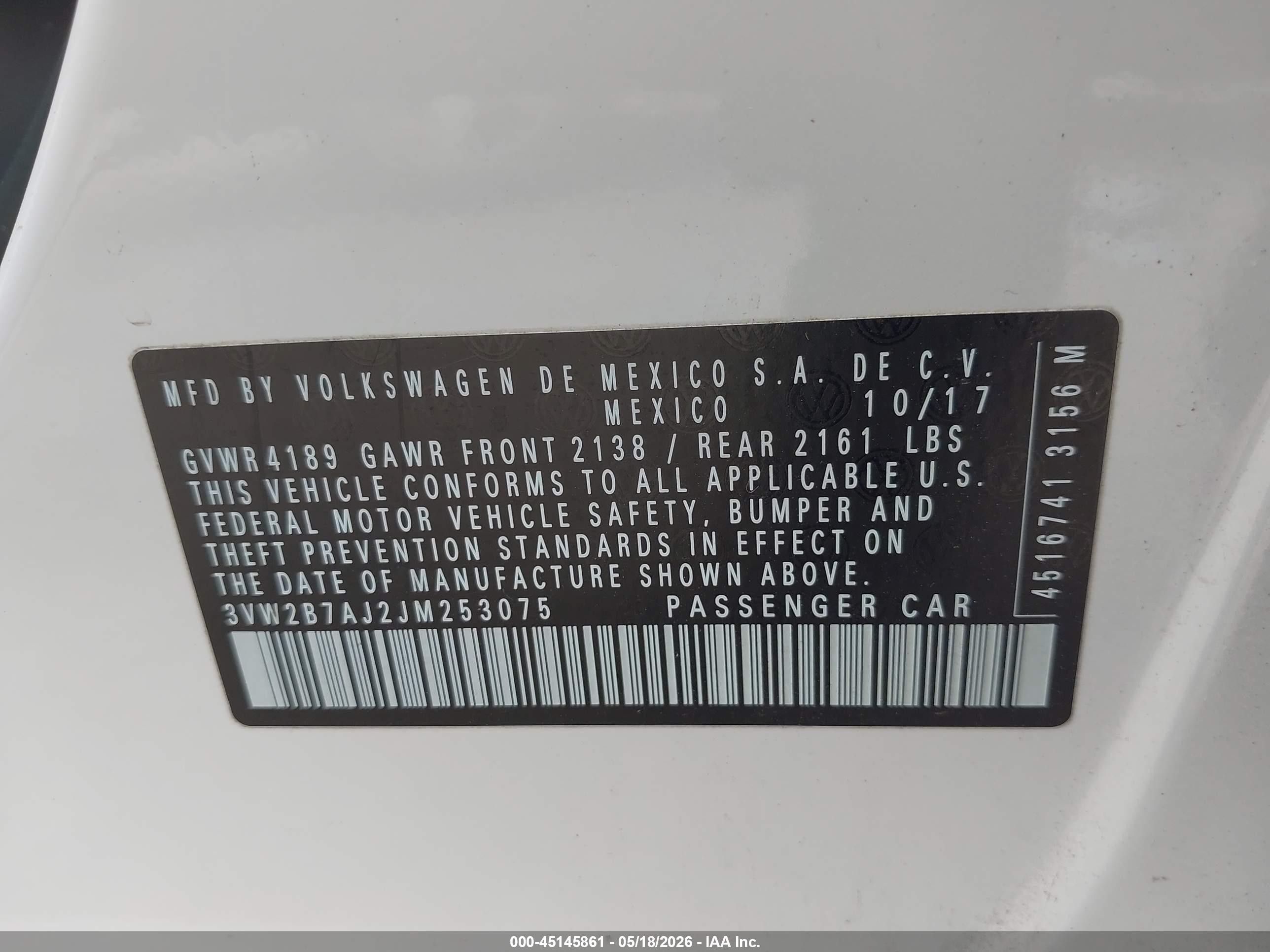 2018 Volkswagen Jetta 1.4t S Белый vin: 3VW2B7AJ2JM253075