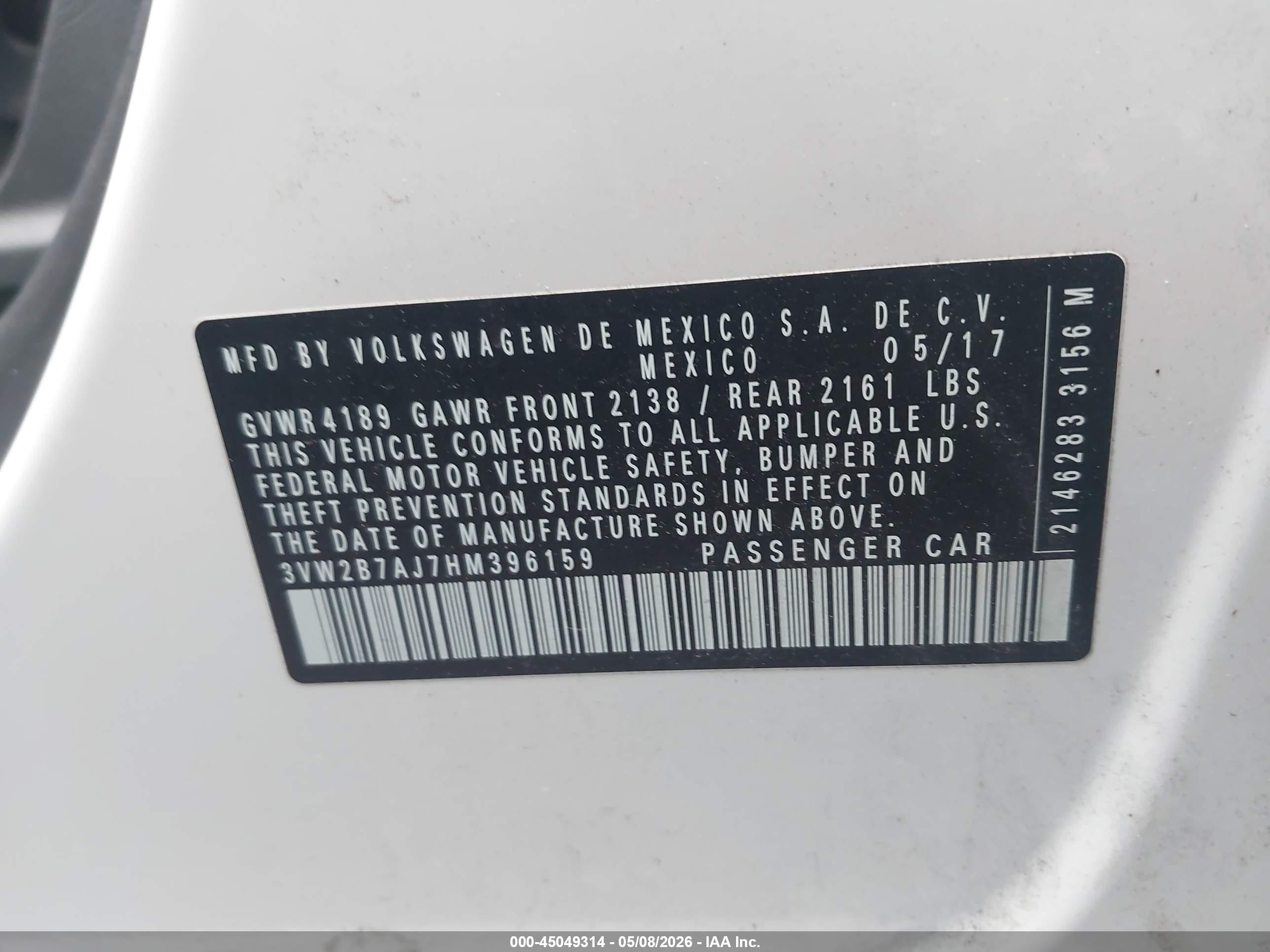 2017 Volkswagen Jetta 1.4t S Белый vin: 3VW2B7AJ7HM396159