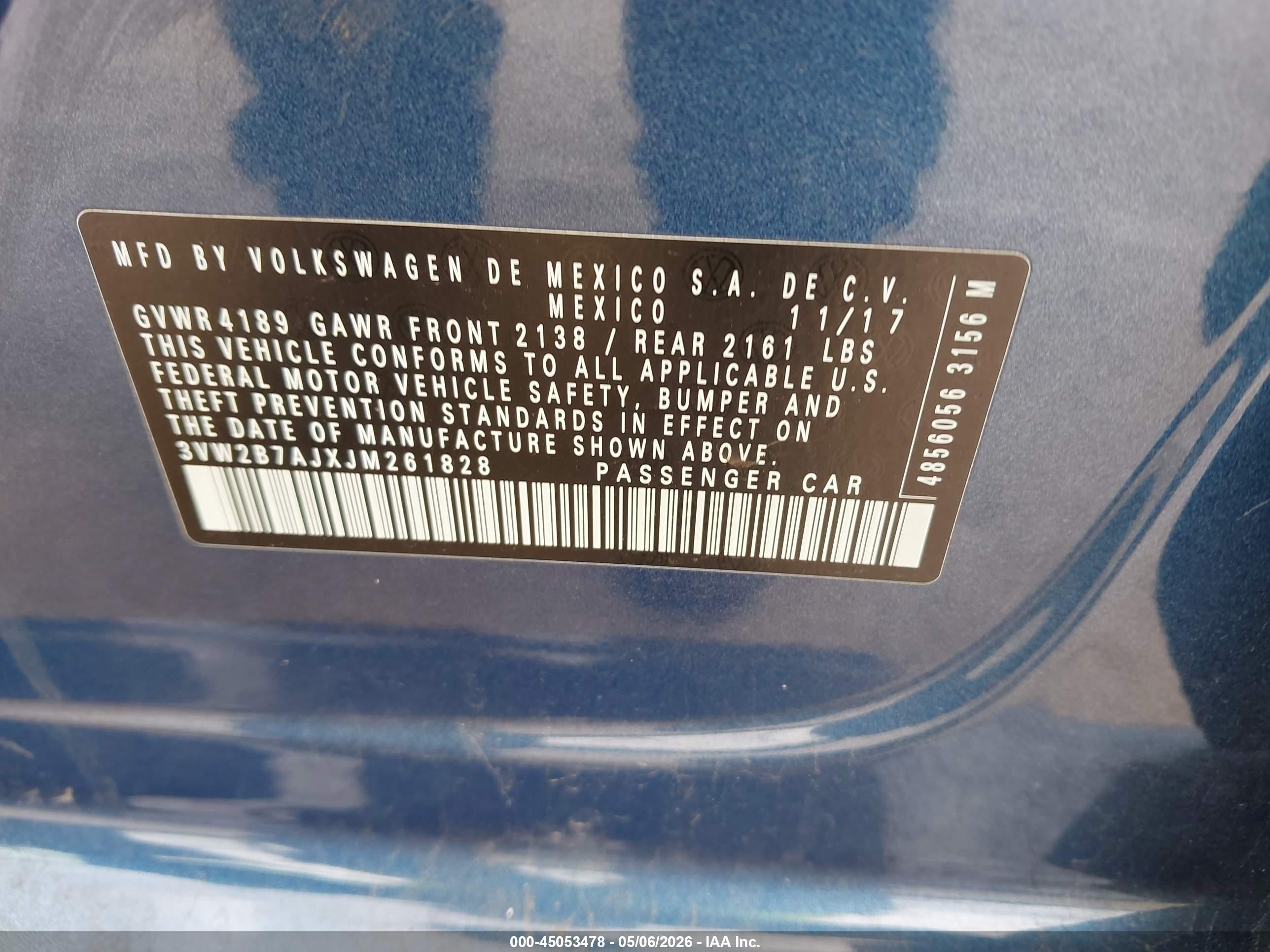 2018 Volkswagen Jetta 1.4t S Blue vin: 3VW2B7AJXJM261828