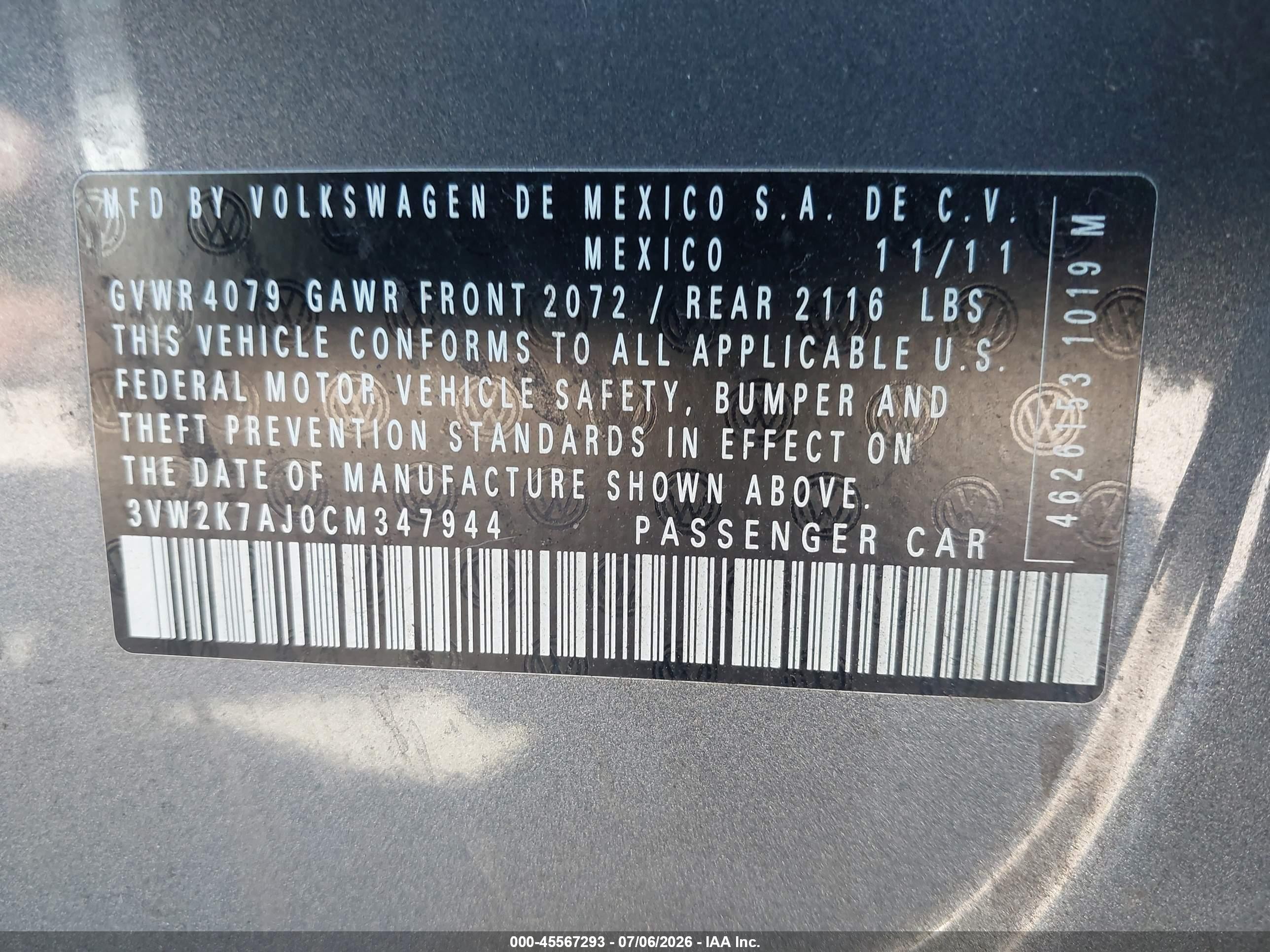 2012 Volkswagen Jetta 2.0l S Gray vin: 3VW2K7AJ0CM347944
