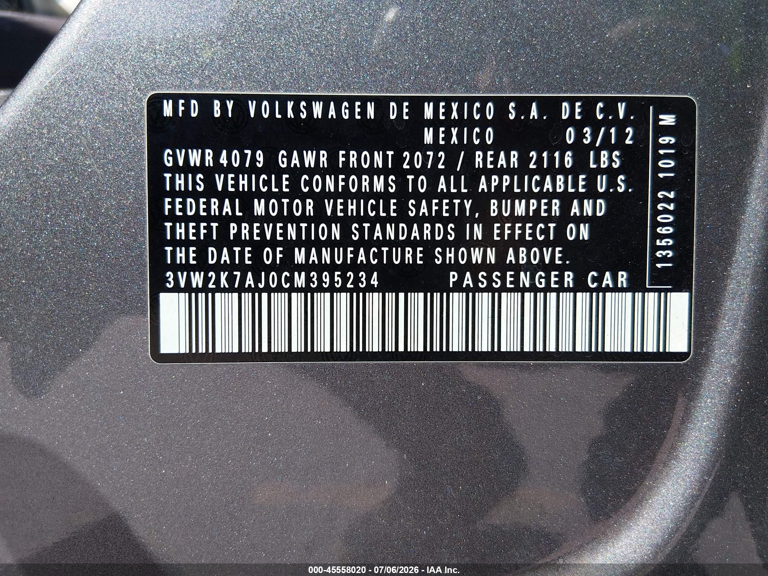 2012 Volkswagen Jetta 2.0l S Gray vin: 3VW2K7AJ0CM395234