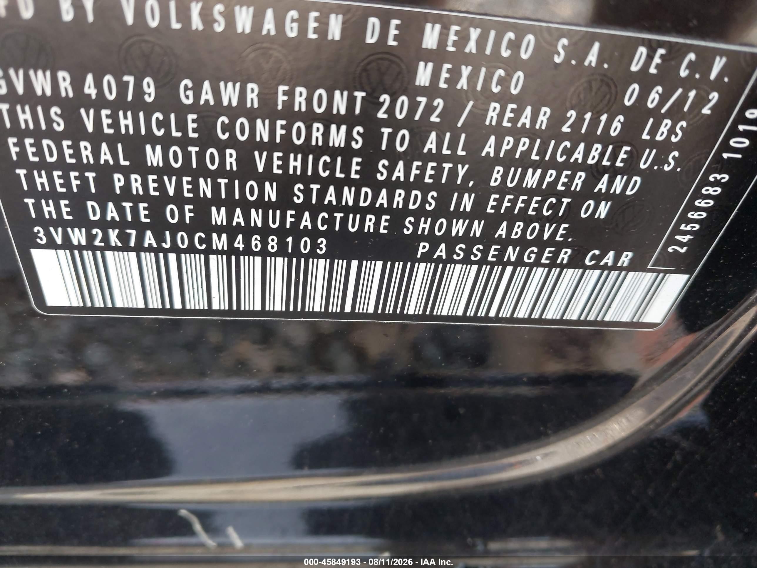 2012 Volkswagen Jetta 2.0l S Черный vin: 3VW2K7AJ0CM468103