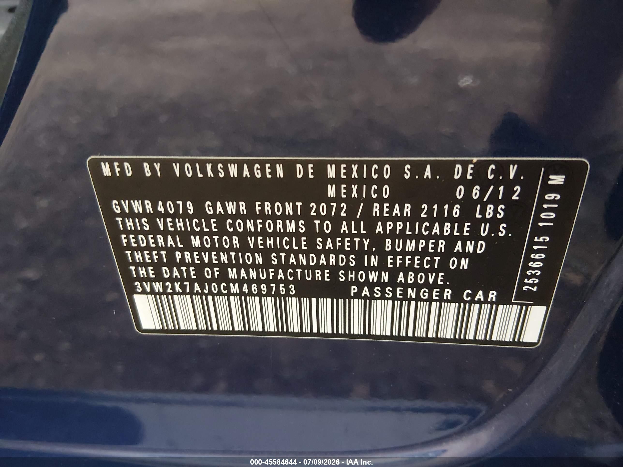 2012 Volkswagen Jetta 2.0l S Blue vin: 3VW2K7AJ0CM469753