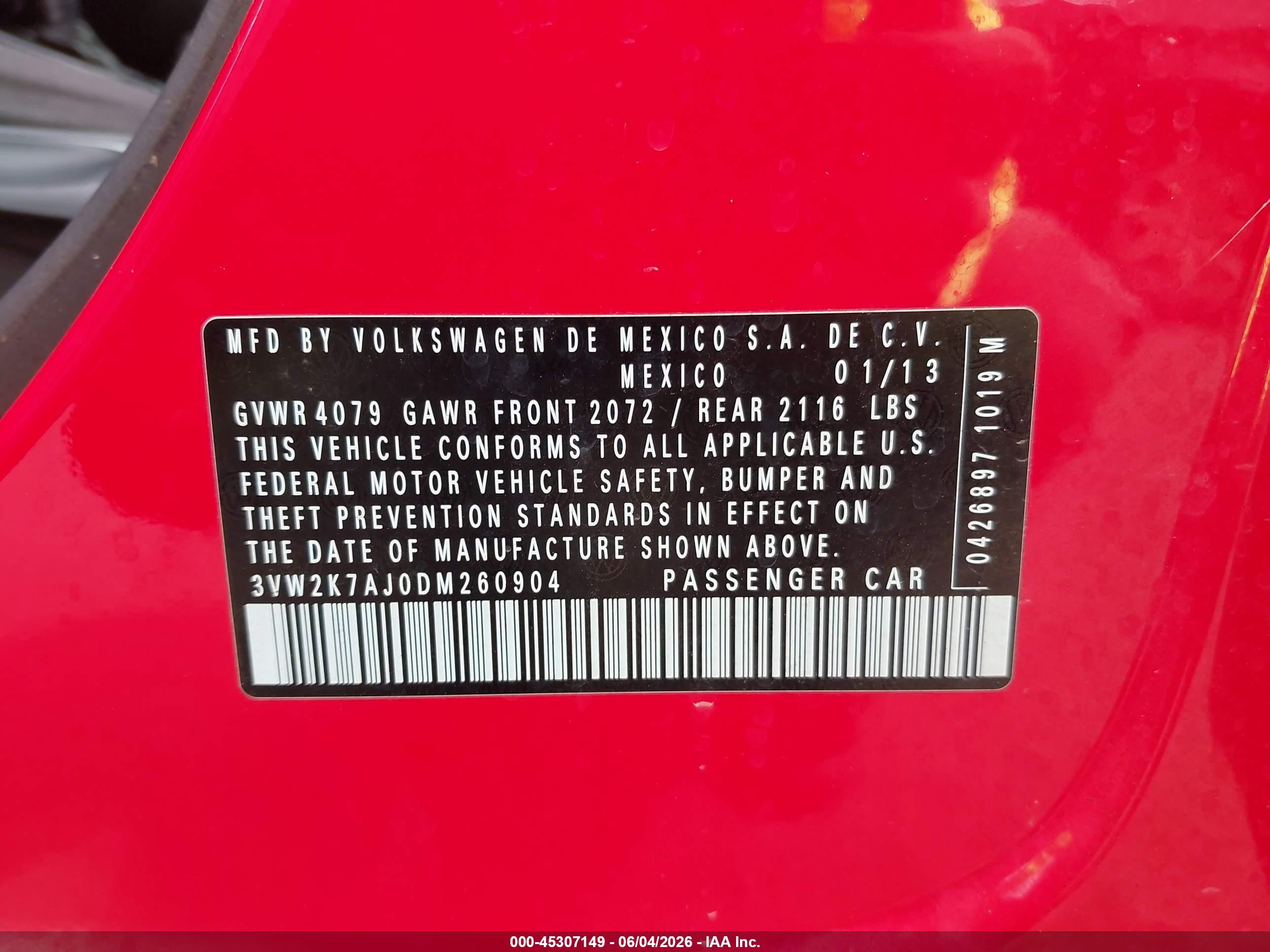 2013 Volkswagen Jetta 2.0l S Red vin: 3VW2K7AJ0DM260904
