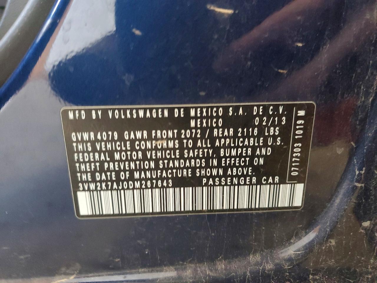 2013 Volkswagen Jetta Base Blue vin: 3VW2K7AJ0DM267643