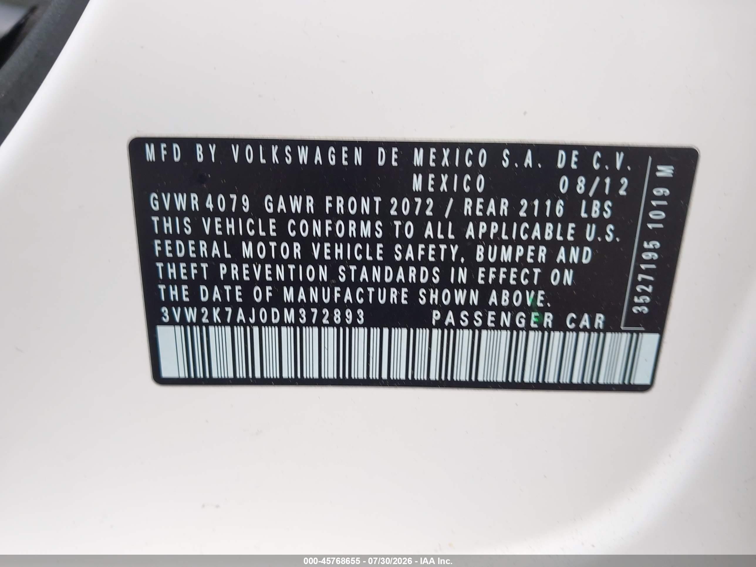 2013 Volkswagen Jetta 2.0l S Белый vin: 3VW2K7AJ0DM372893