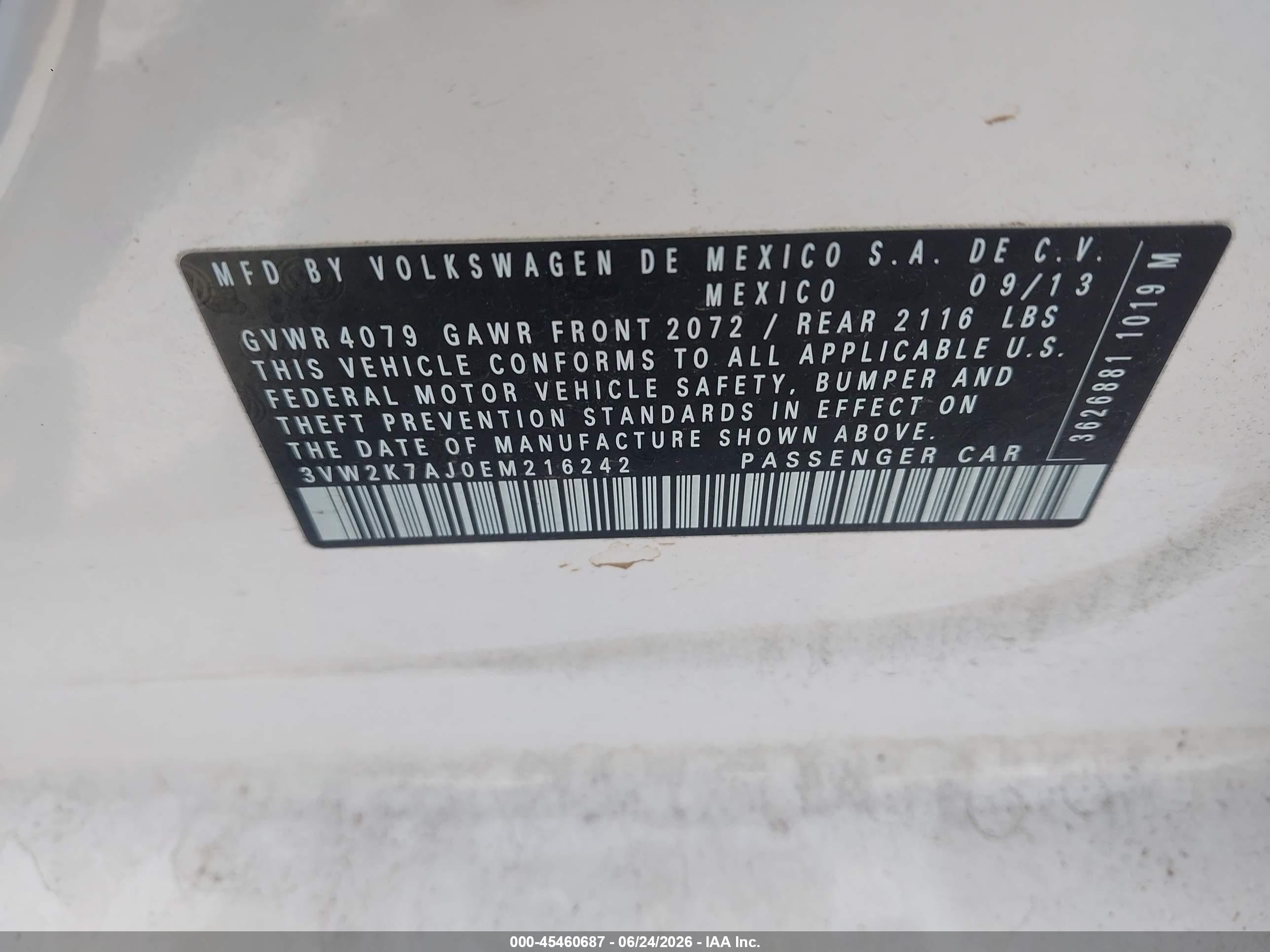 2014 Volkswagen Jetta 2.0l S White vin: 3VW2K7AJ0EM216242