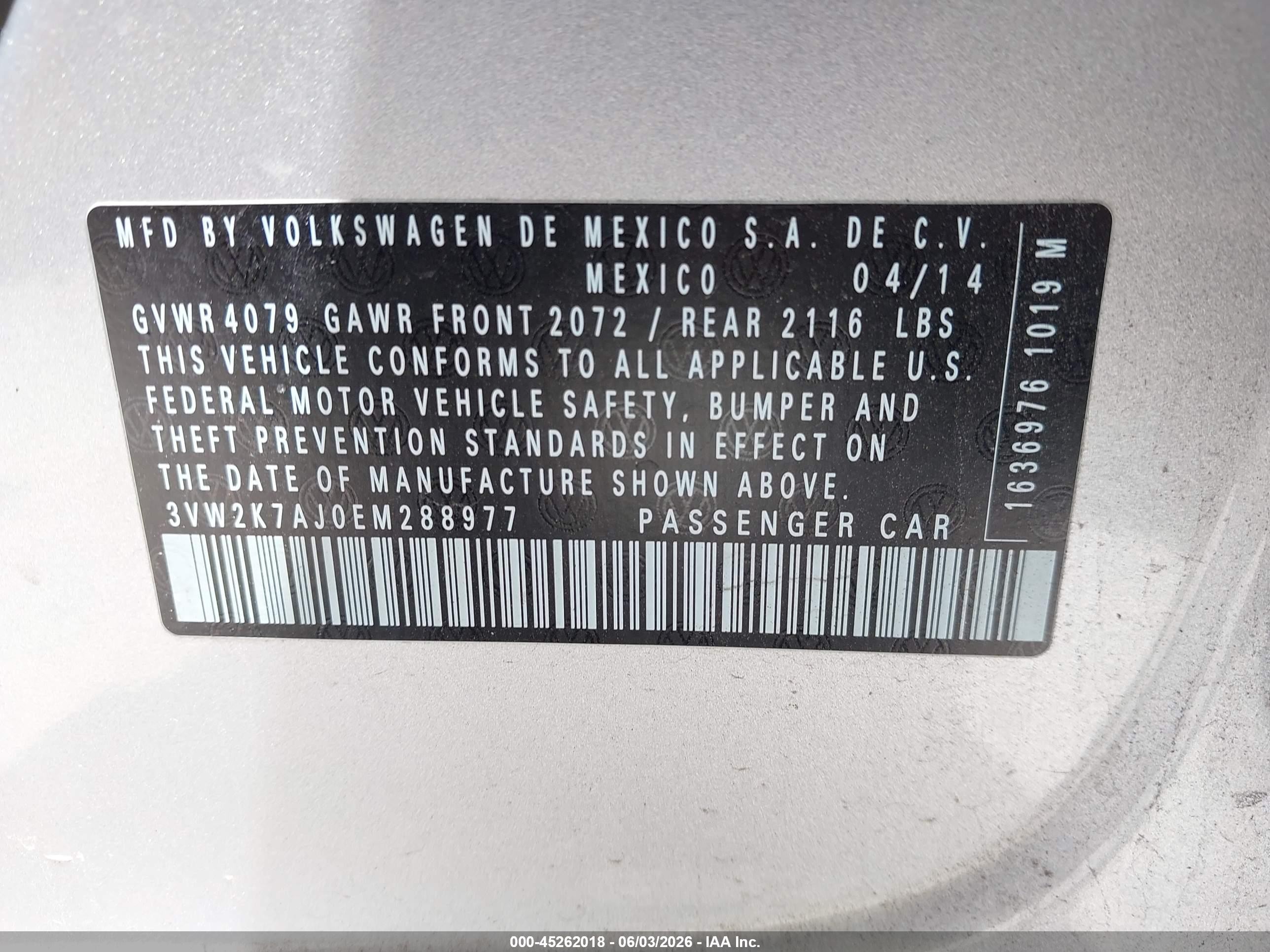 2014 Volkswagen Jetta 2.0l S Silver vin: 3VW2K7AJ0EM288977