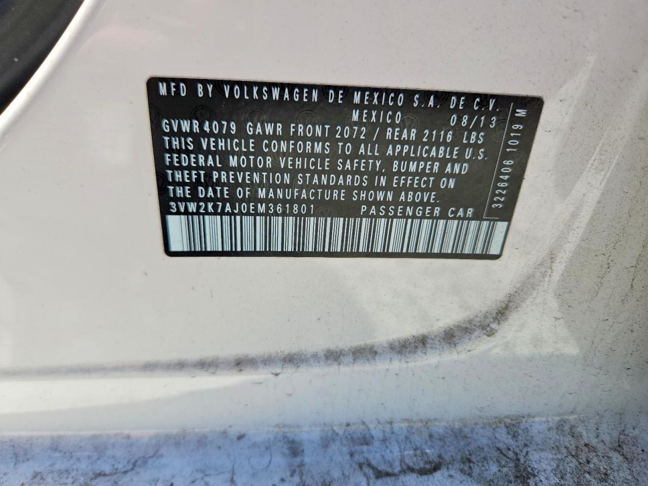 2014 Volkswagen Jetta Base White vin: 3VW2K7AJ0EM361801