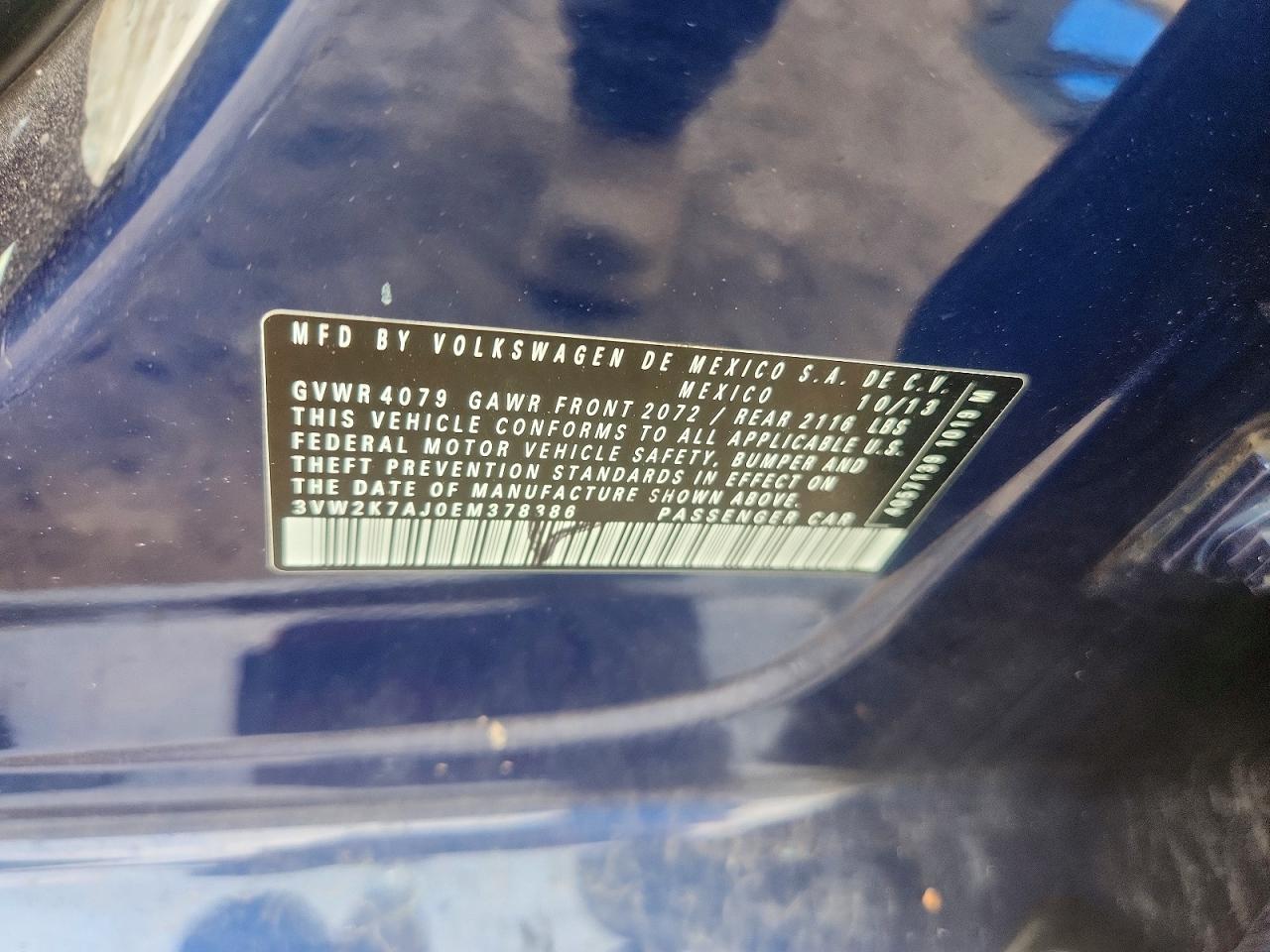 2014 Volkswagen Jetta Base Blue vin: 3VW2K7AJ0EM378386