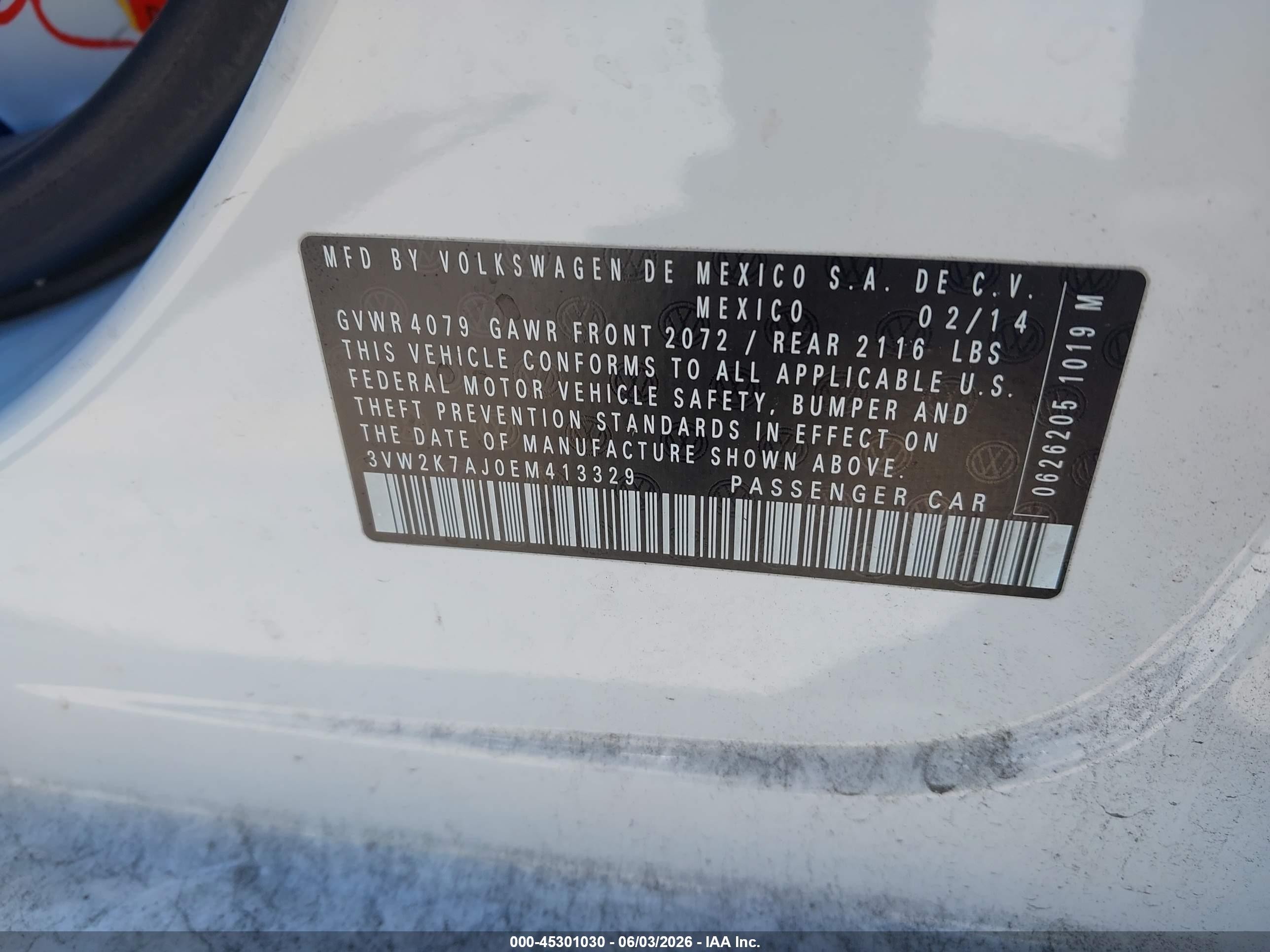 2014 Volkswagen Jetta 2.0l S White vin: 3VW2K7AJ0EM413329